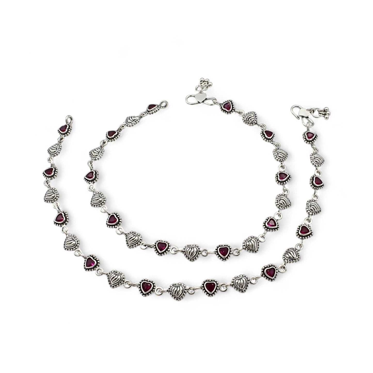 Amazing 925 Sterling Silver Pink CZ Oxidized Heart design payal Anklet Pair 10"