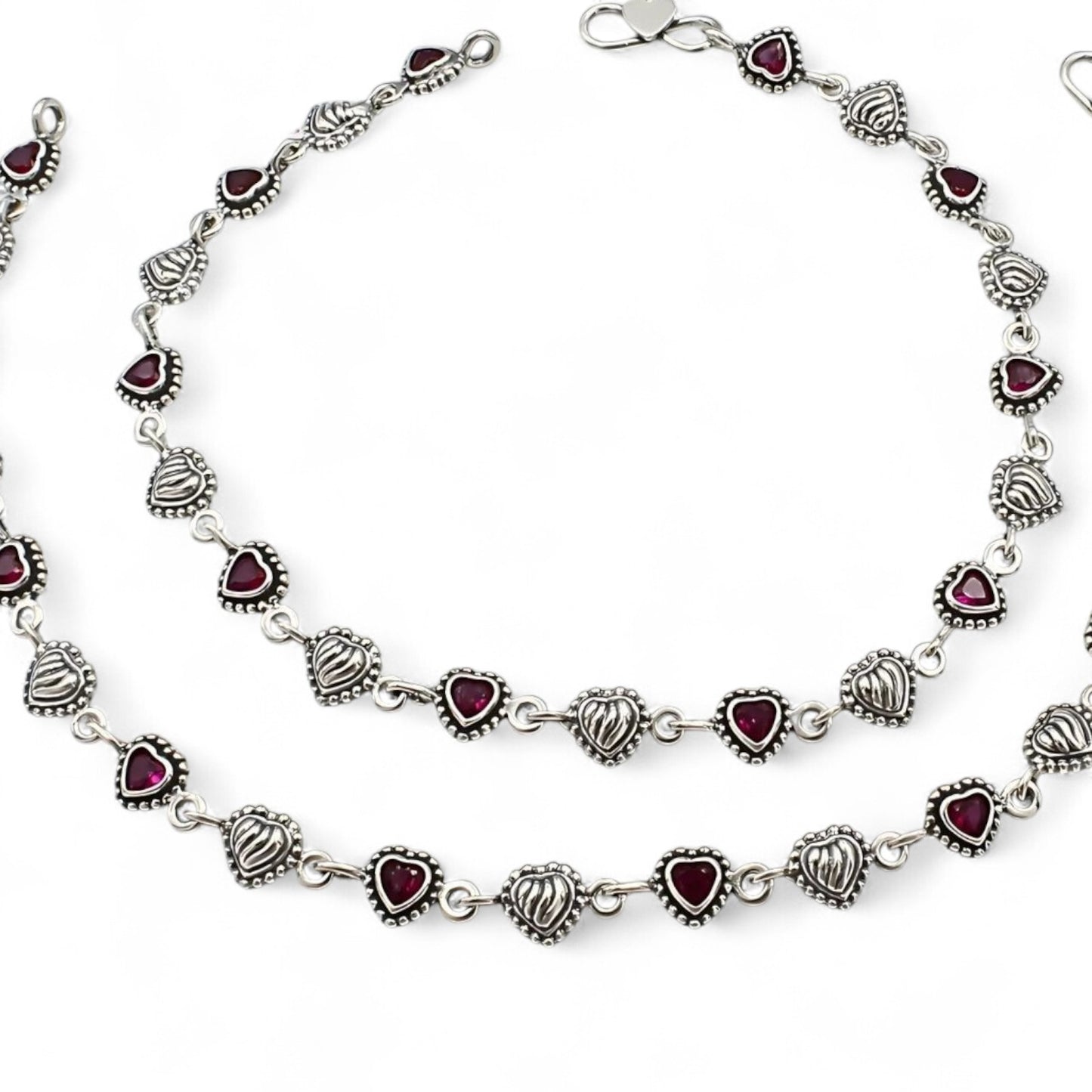 Amazing 925 Sterling Silver Pink CZ Oxidized Heart design payal Anklet Pair 10"
