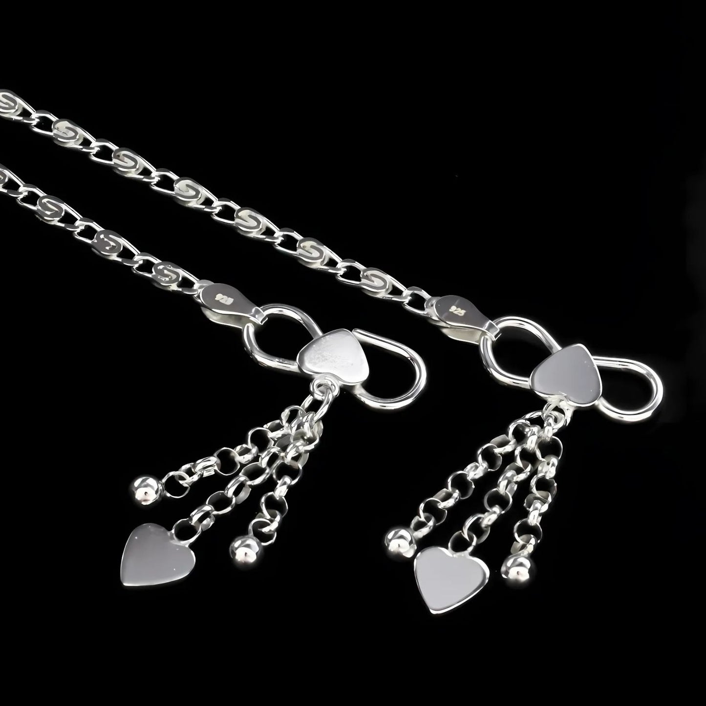 925 Sterling Silver women Charm Chain Anklet Pair 10.3"