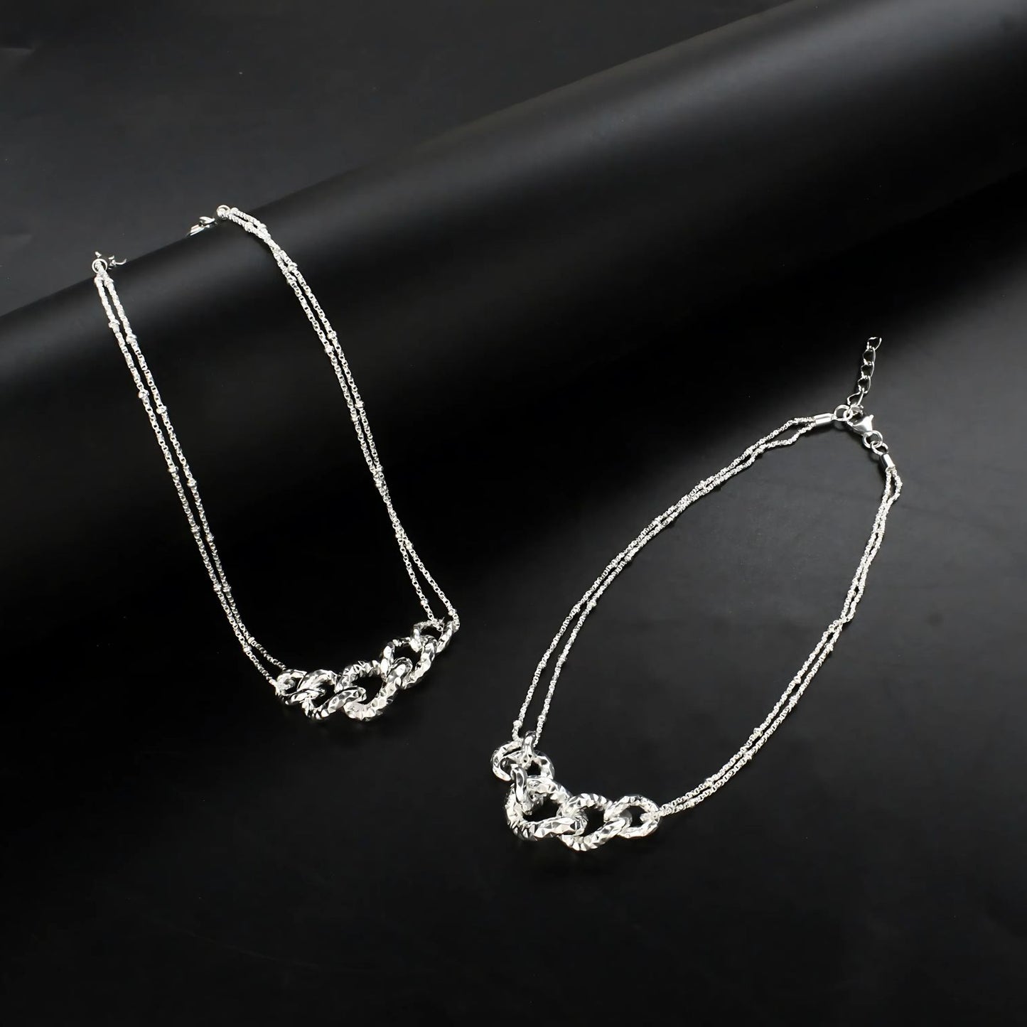 925 Sterling Silver women double Chain Anklet Pair 9.5"