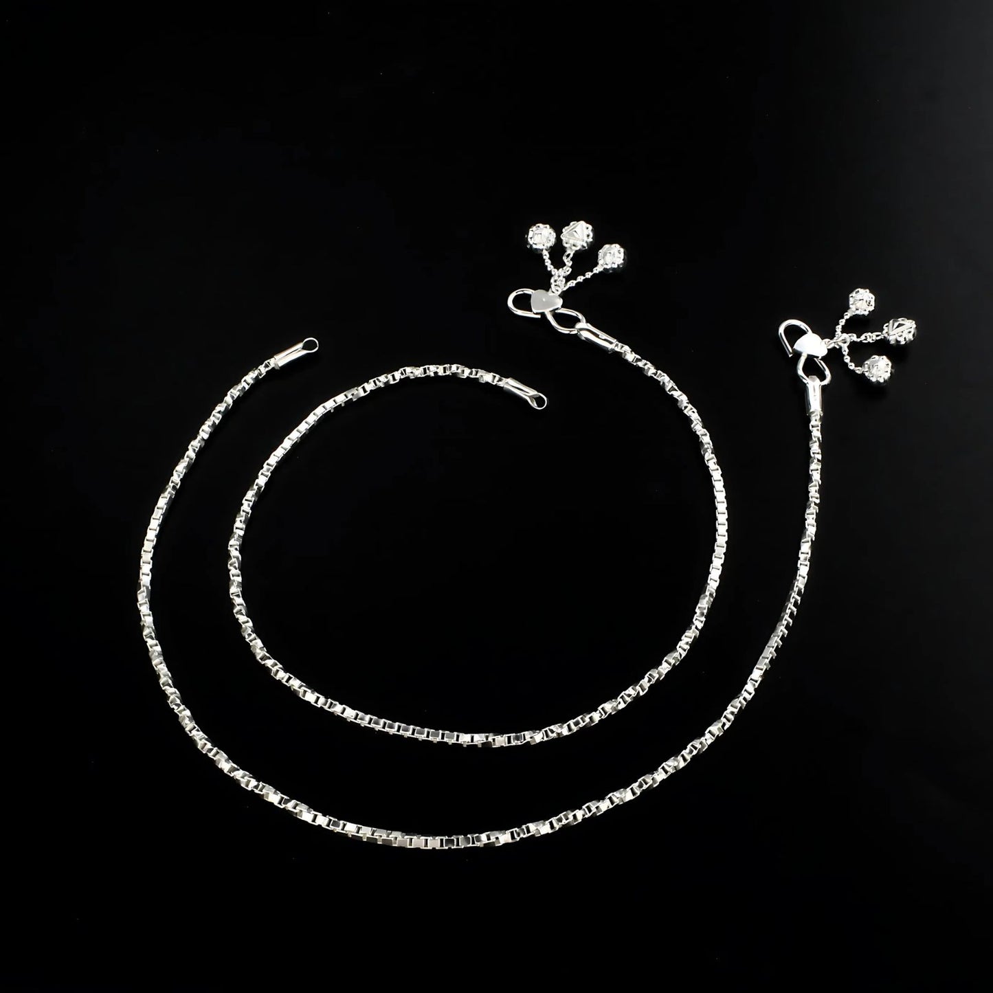 925 Sterling Silver women box Chain Anklet Pair 10.3"
