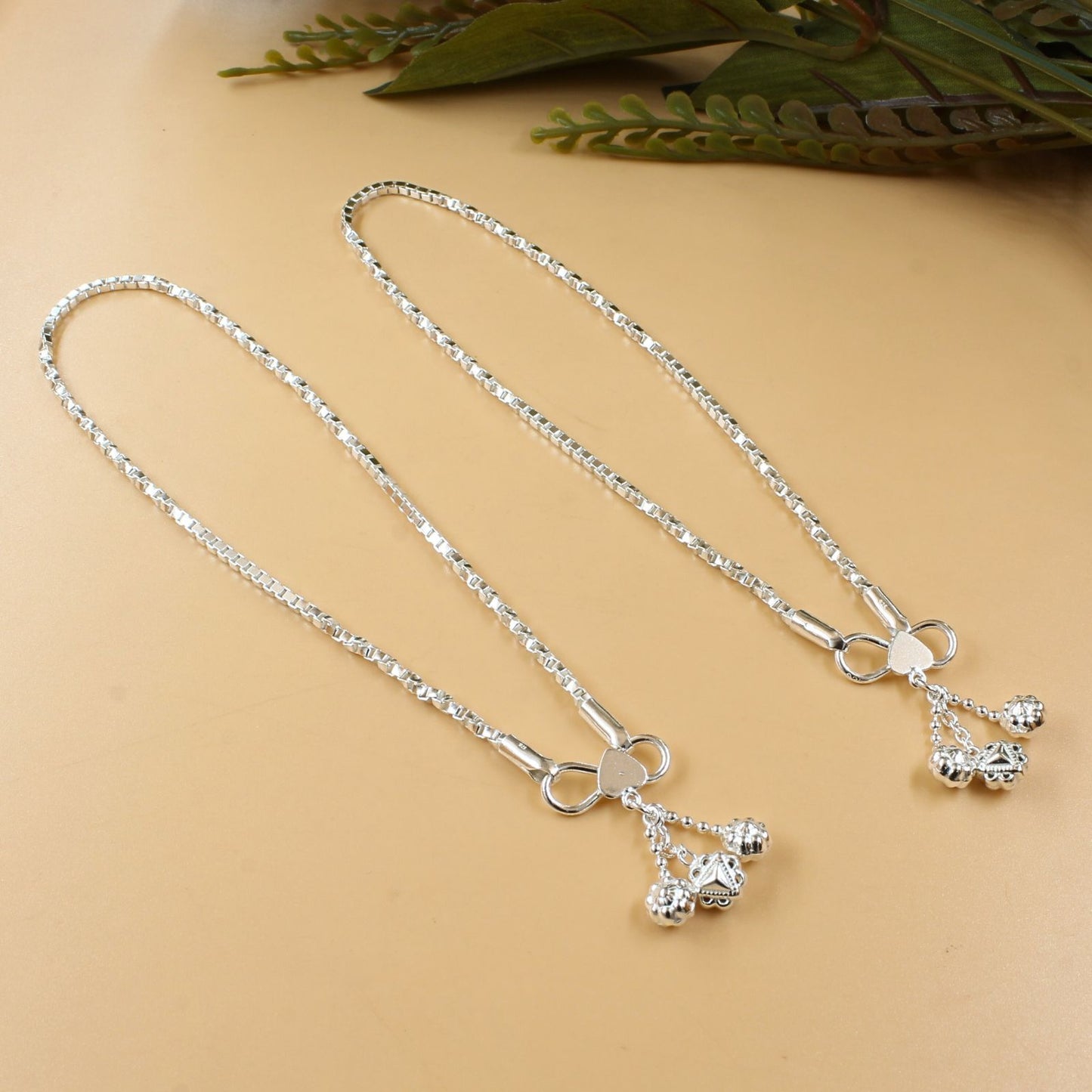925 Sterling Silver women box Chain Anklet Pair 10.3"