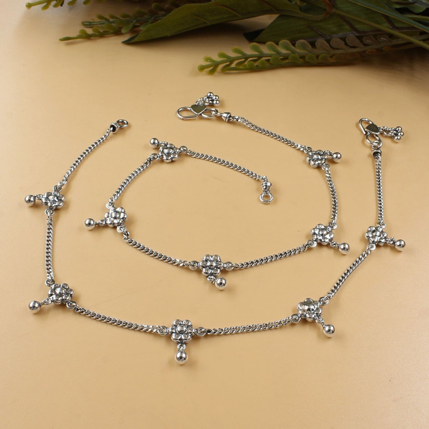 925 Sterling Silver women flower design Oxidised Anklet Pair 10.2"