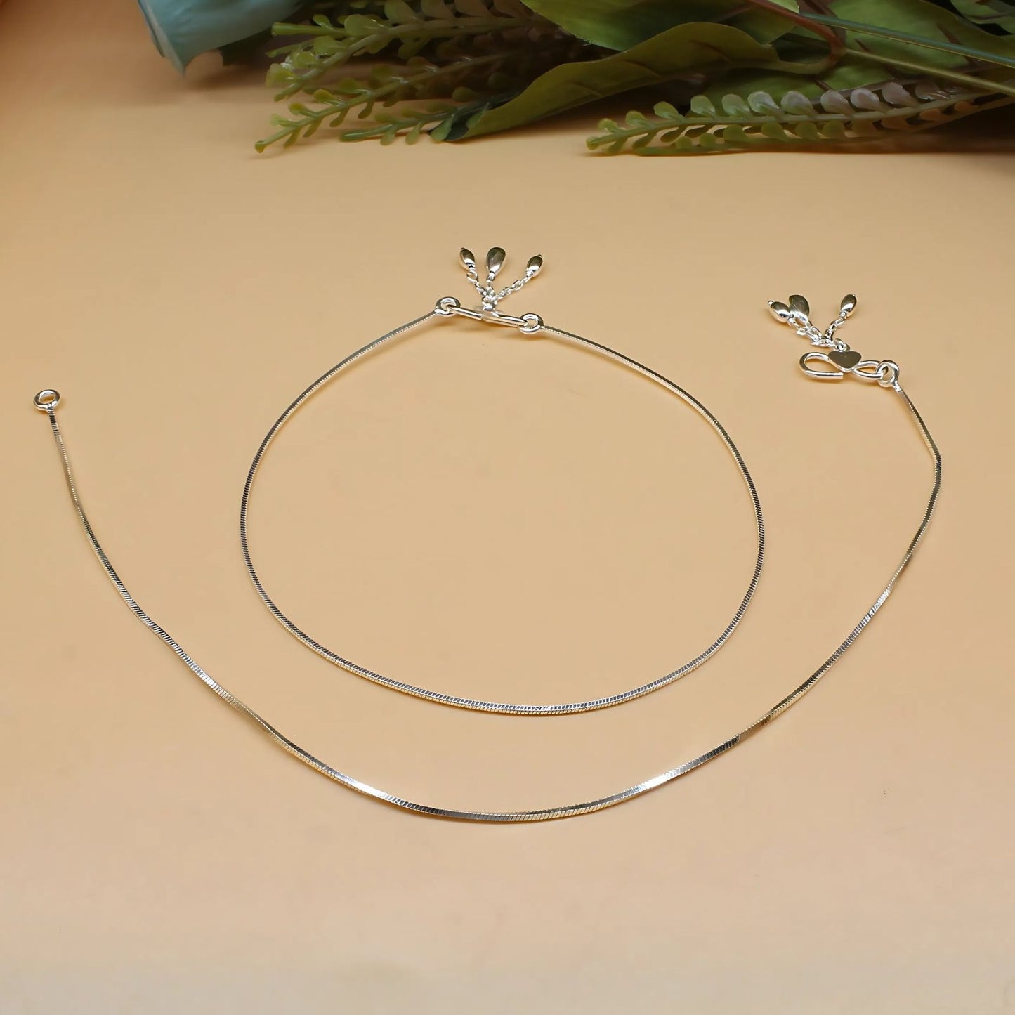 925 Sterling Silver women light weight Chain Anklet Pair 10.3"