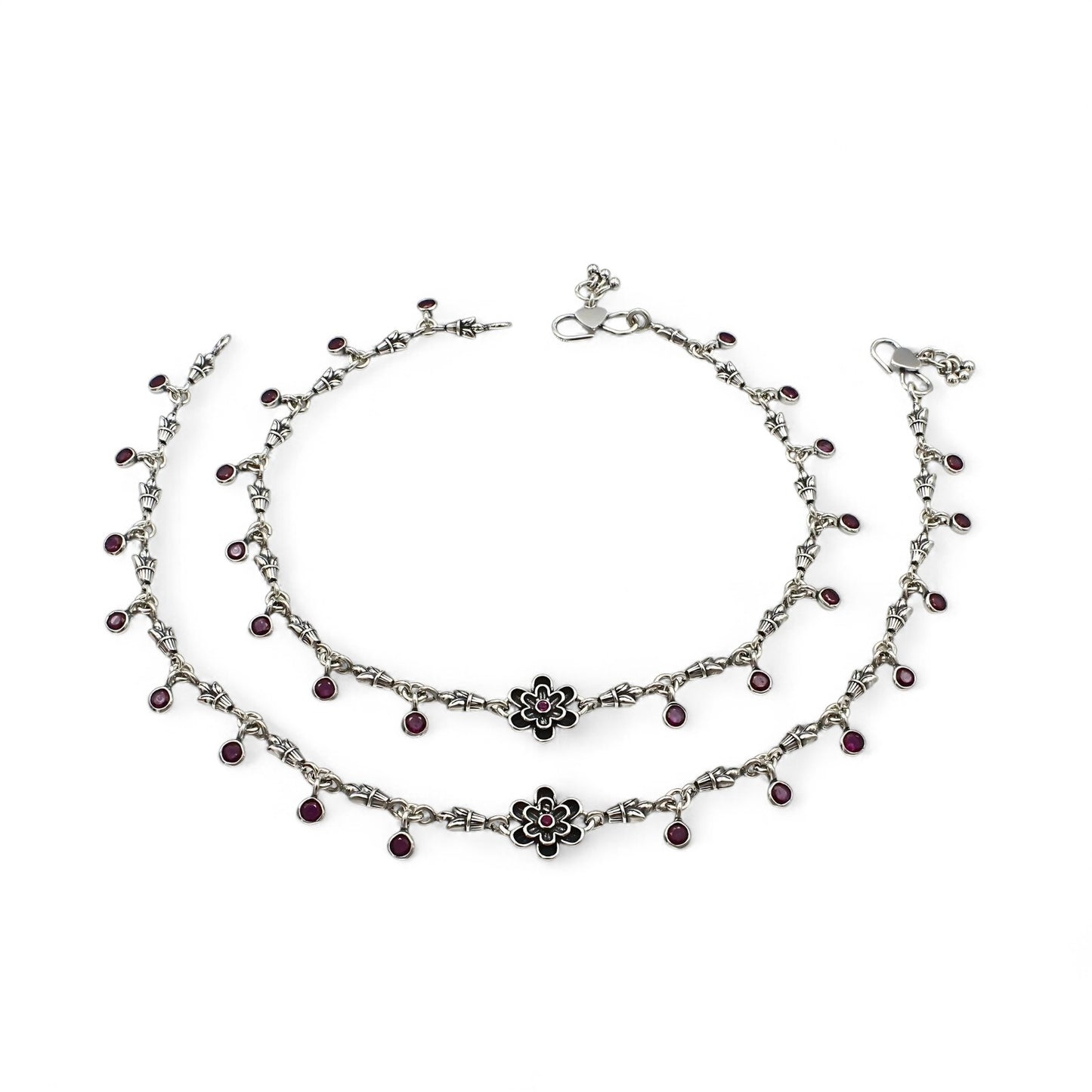 925 Sterling Silver Women Pink CZ Oxidised Payal Anklet Pair 10.3"