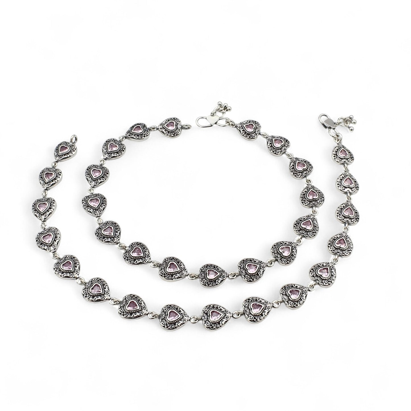 925 Sterling Silver Women Pink CZ Oxidised Hearts payal Anklet Pair 10.3"