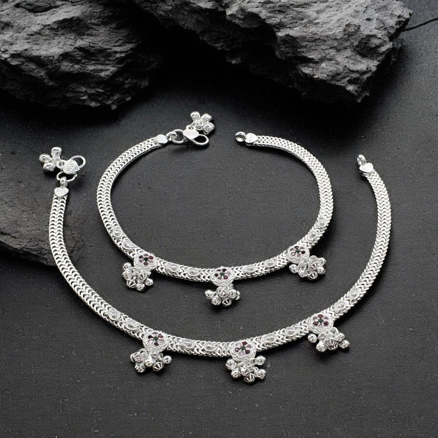 Real Sterling Silver women Multi CZ bridal Anklet Ankle Pair 10.3"