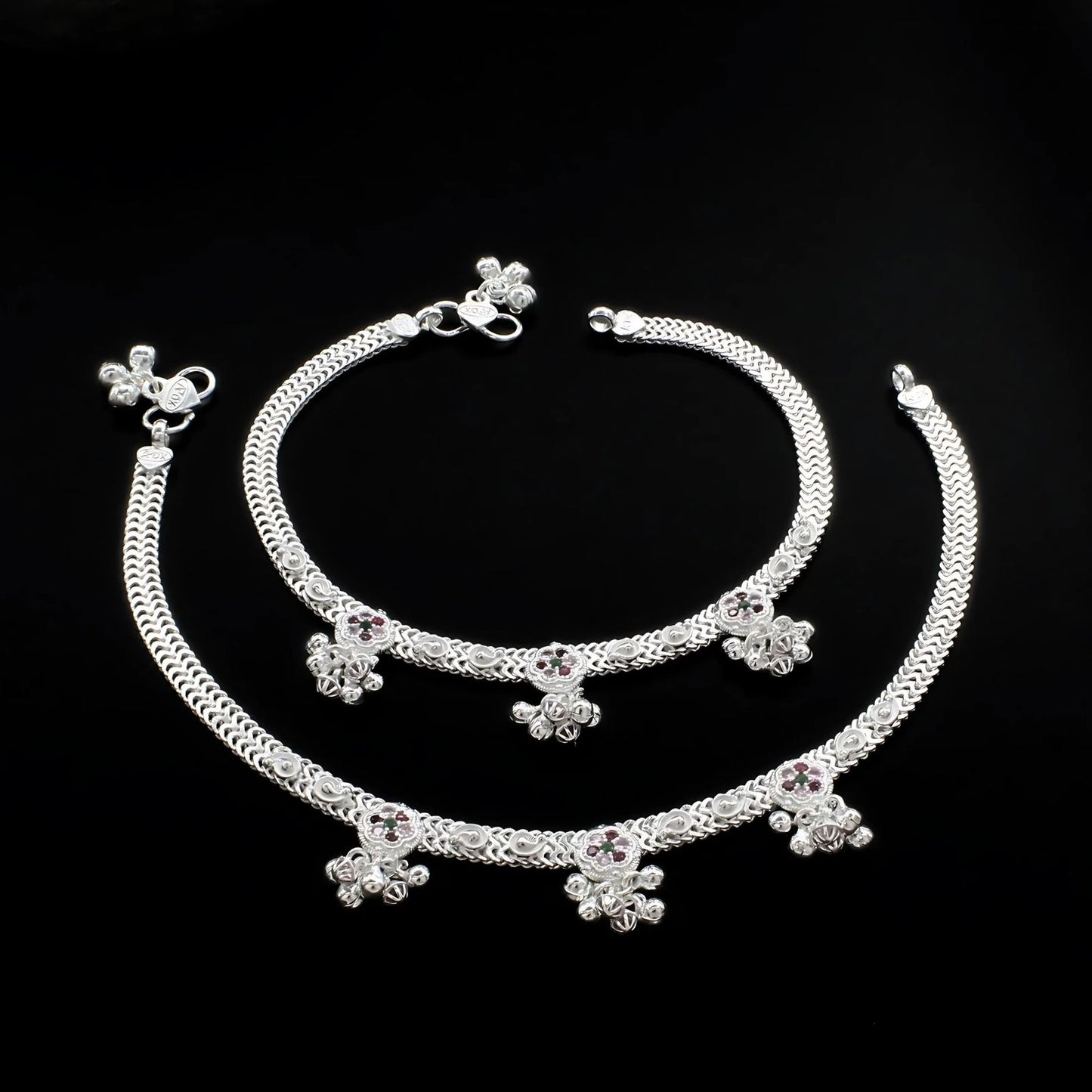 Real Sterling Silver women Multi CZ bridal Anklet Ankle Pair 10.3"