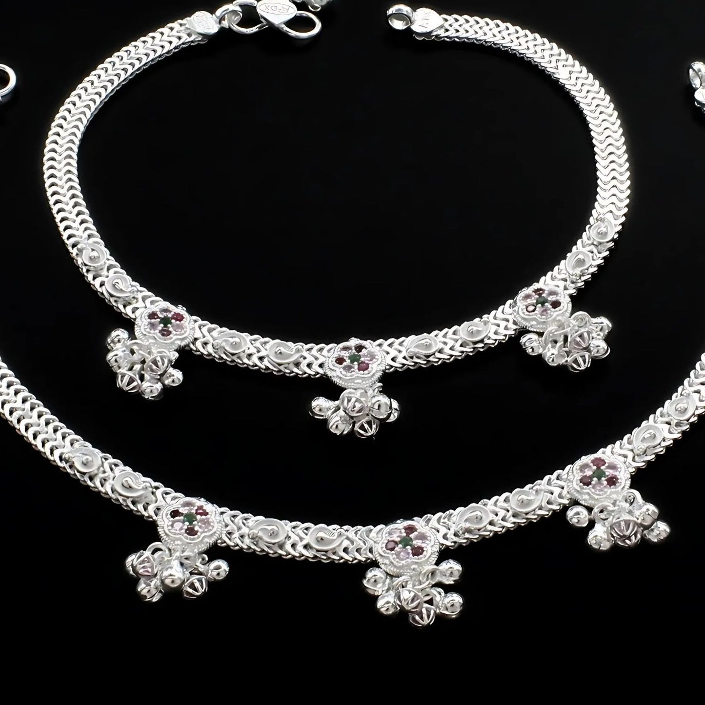 Real Sterling Silver women Multi CZ bridal Anklet Ankle Pair 10.3"