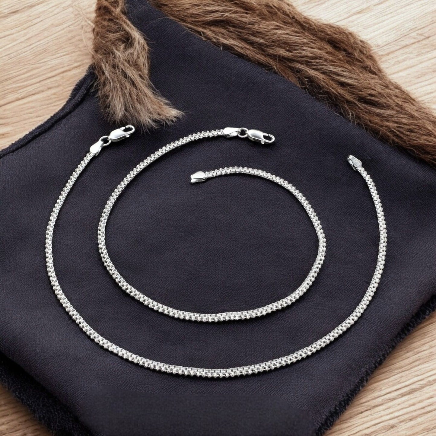 925 Sterling Silver women Box Ball Chain Anklet Pair 10.3"