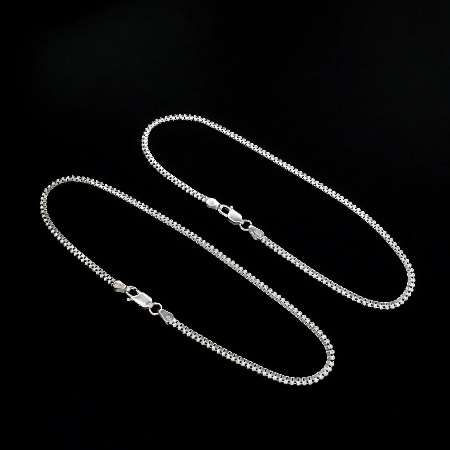 925 Sterling Silver women Box Ball Chain Anklet Pair 10.3"