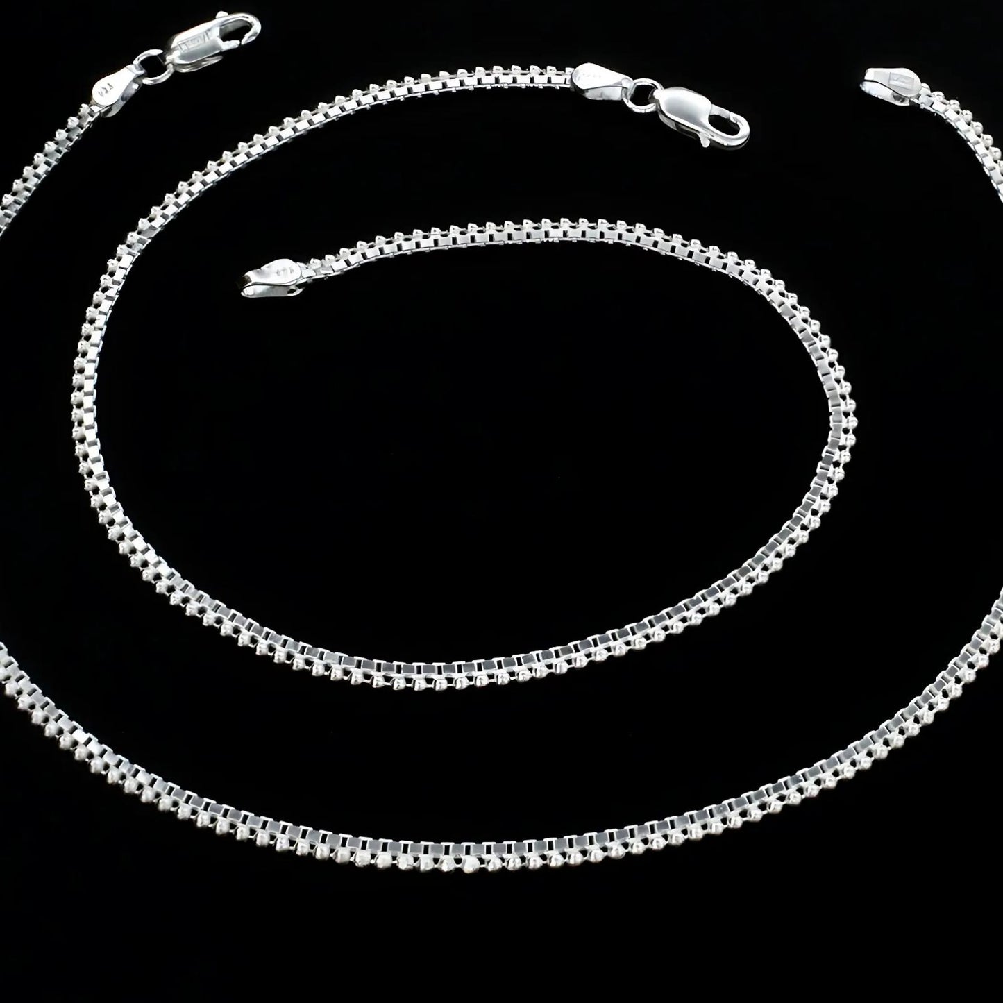 925 Sterling Silver women Box Ball Chain Anklet Pair 10.3"