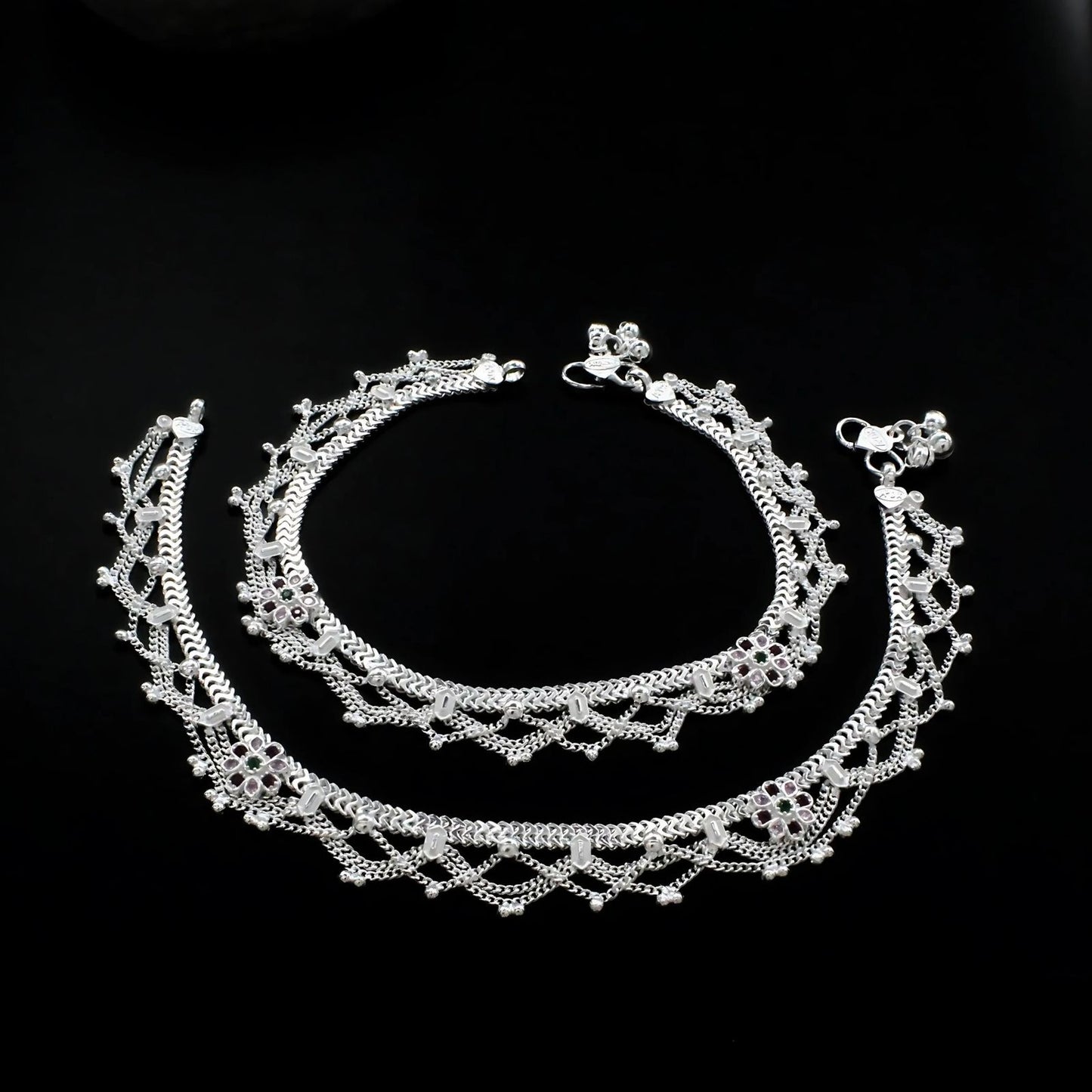 Real Sterling Silver women Multi CZ Jhallar style Anklet Ankle Pair 10.3"
