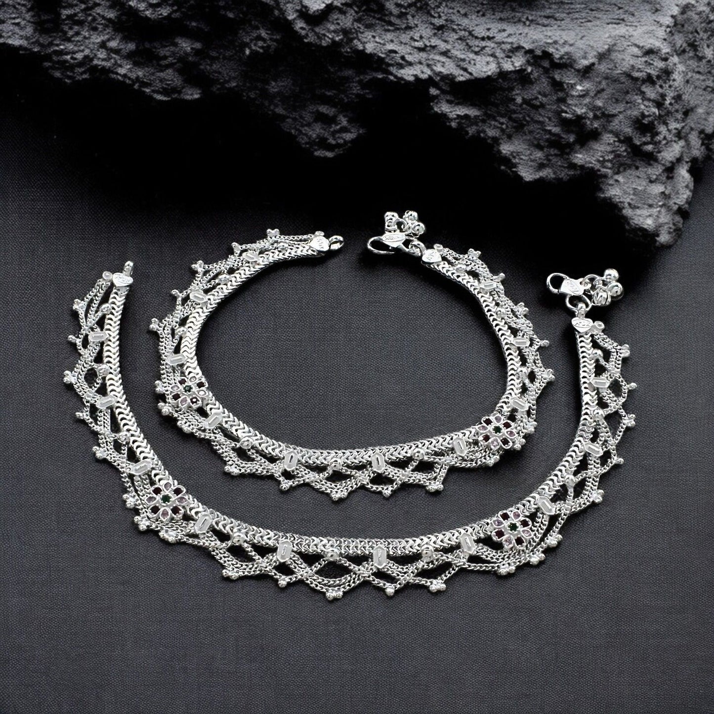 Real Sterling Silver women Multi CZ Jhallar style Anklet Ankle Pair 10.3"
