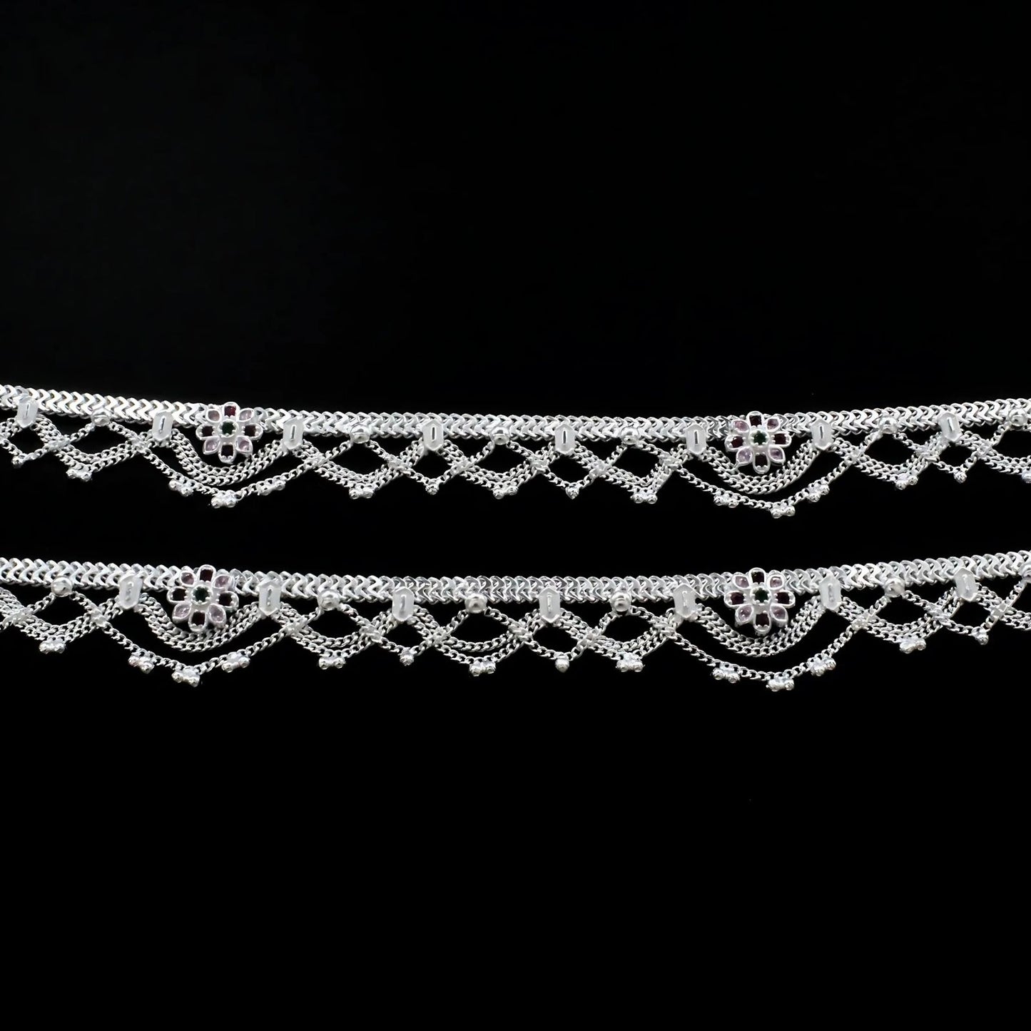 Real Sterling Silver women Multi CZ Jhallar style Anklet Ankle Pair 10.3"