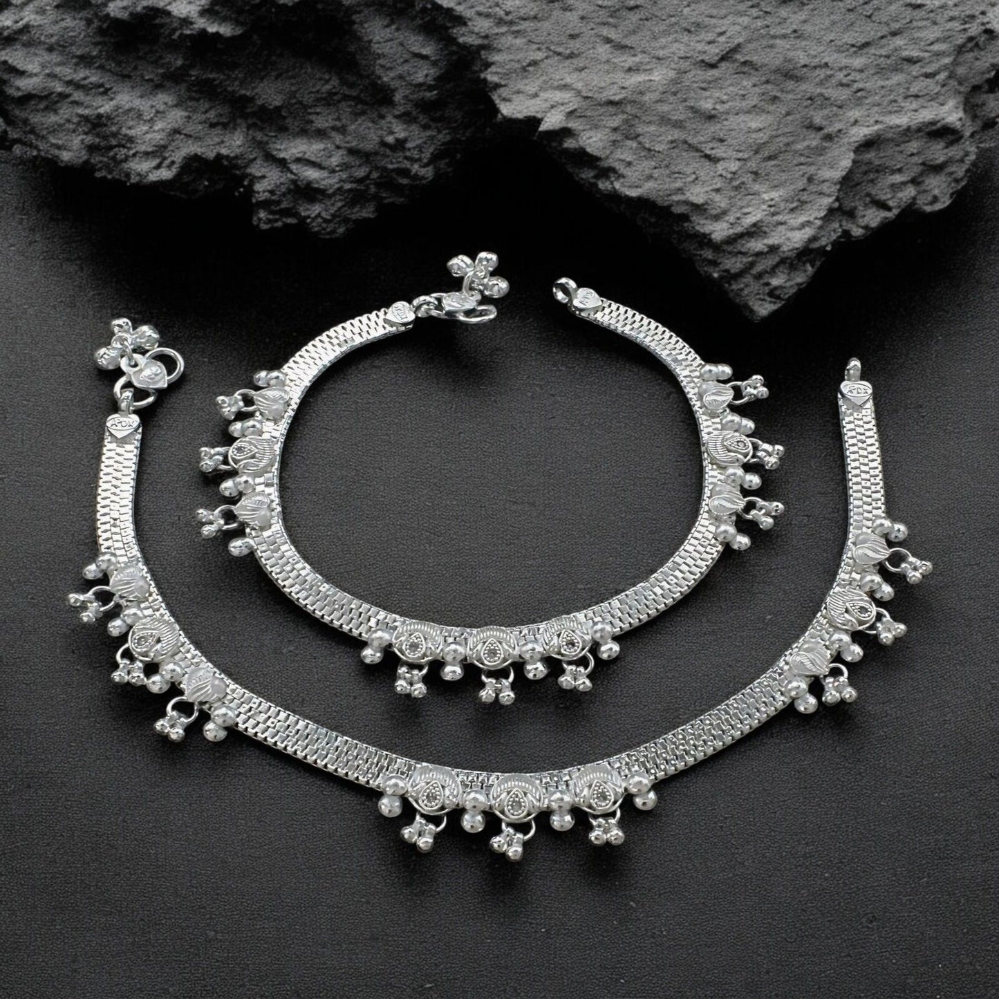 Real Sterling Silver women White CZ Anklet Ankle Pair 10.3"