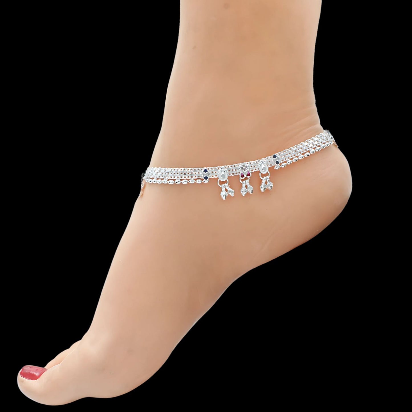 Real Sterling Silver women Multi CZ dangle cultural design Anklet Ankle Pair 10.3"