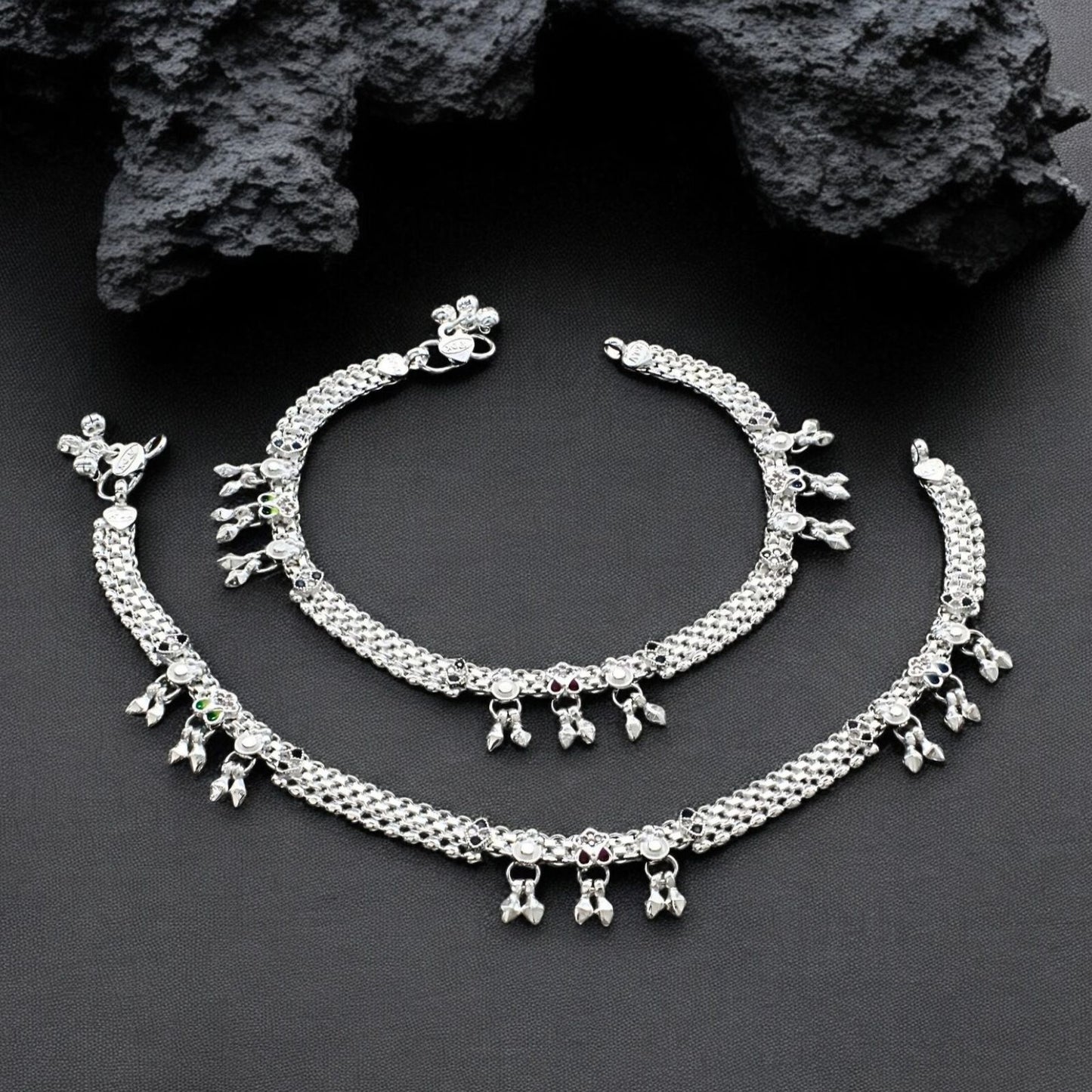 Real Sterling Silver women Multi CZ dangle cultural design Anklet Ankle Pair 10.3"