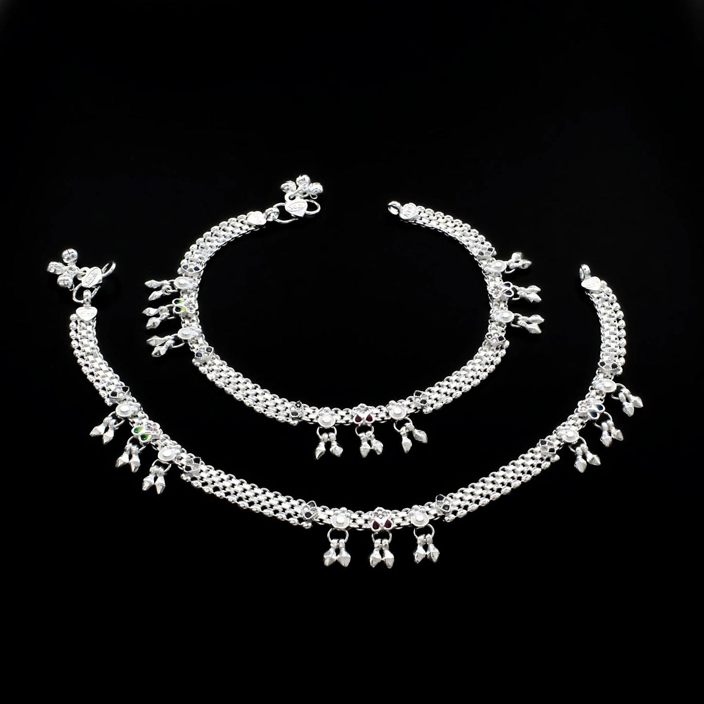 Real Sterling Silver women Multi CZ dangle cultural design Anklet Ankle Pair 10.3"