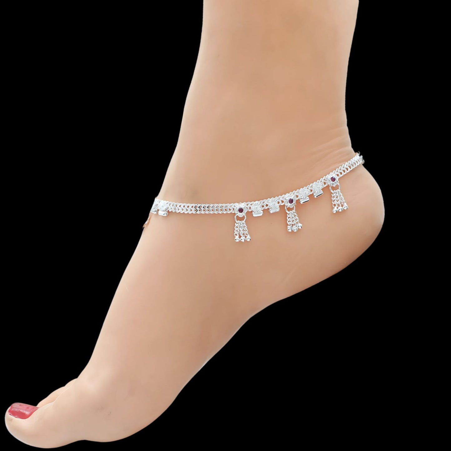 Real Sterling Silver women Pink CZ handmade Anklet Ankle Pair 10.3"