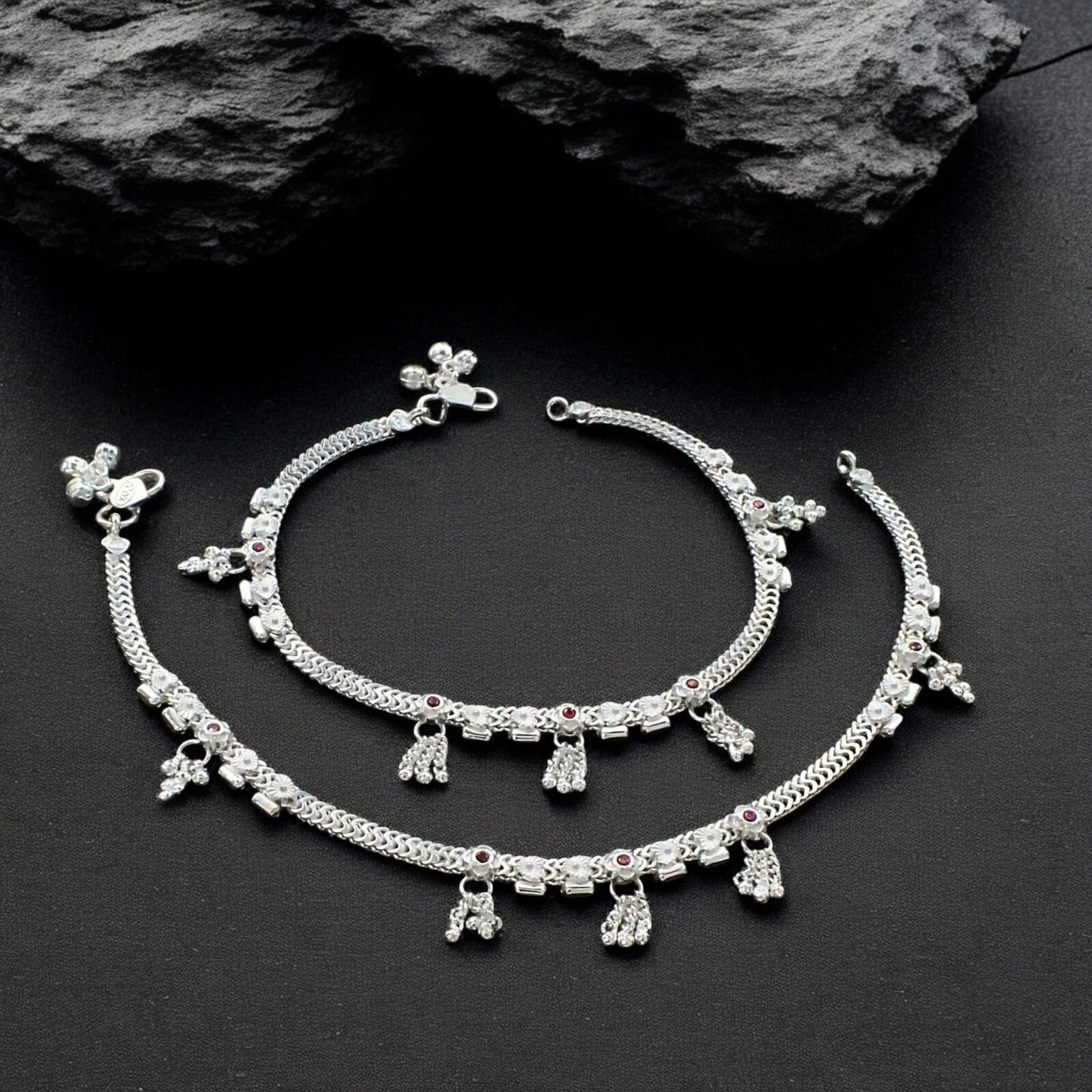Real Sterling Silver women Pink CZ handmade Anklet Ankle Pair 10.3"