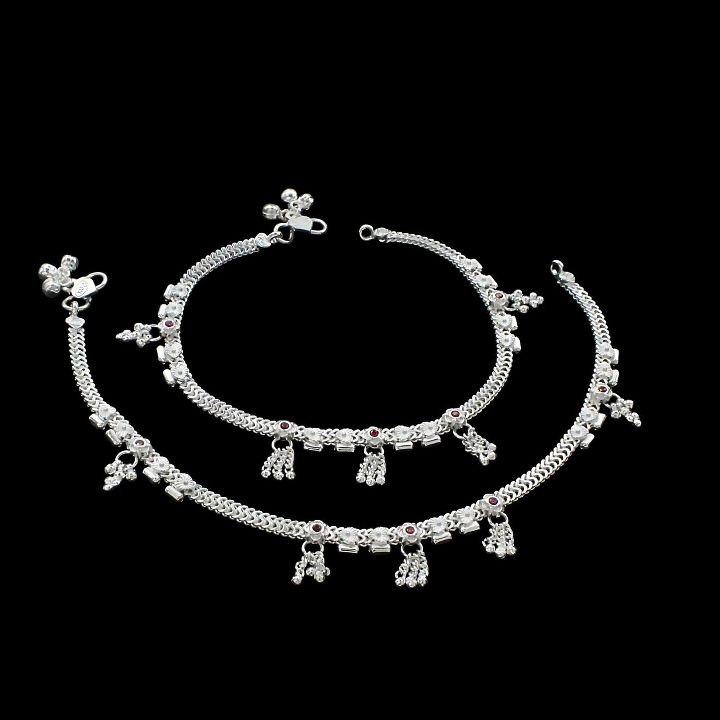 Real Sterling Silver women Pink CZ handmade Anklet Ankle Pair 10.3"