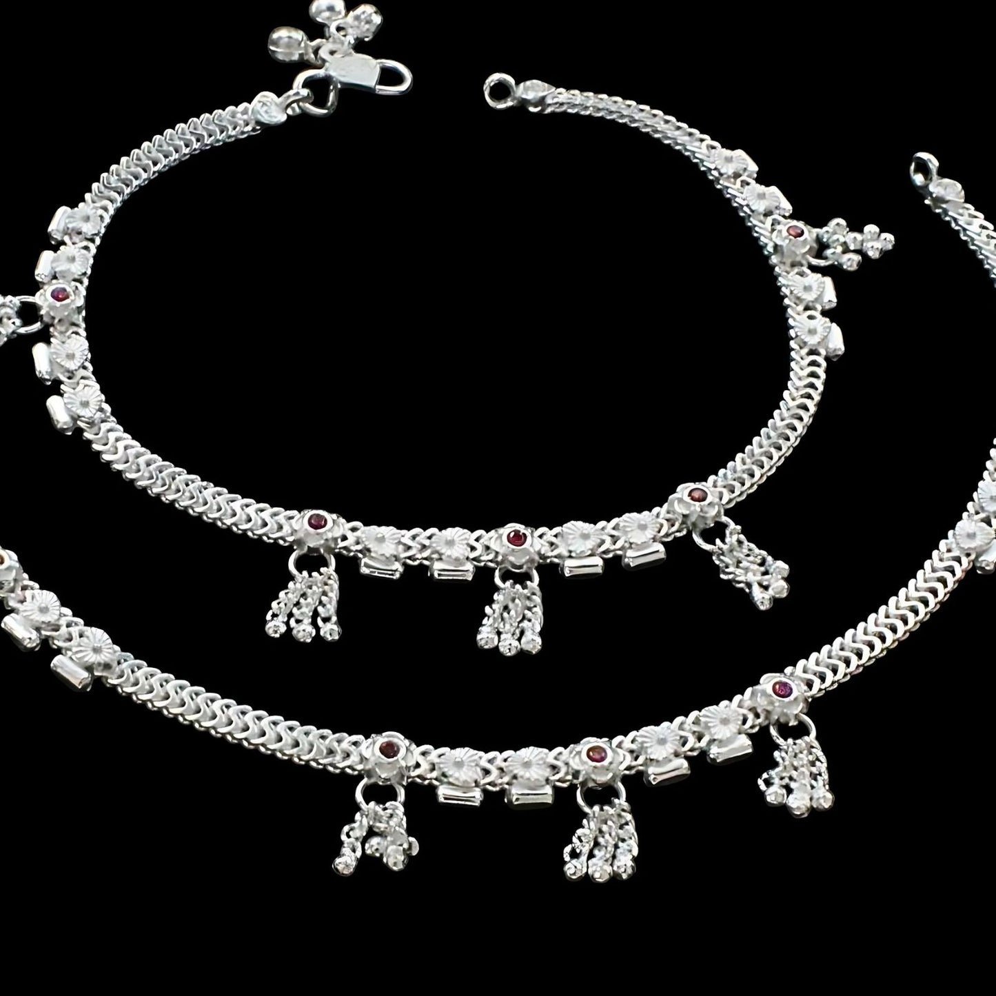 Real Sterling Silver women Pink CZ handmade Anklet Ankle Pair 10.3"