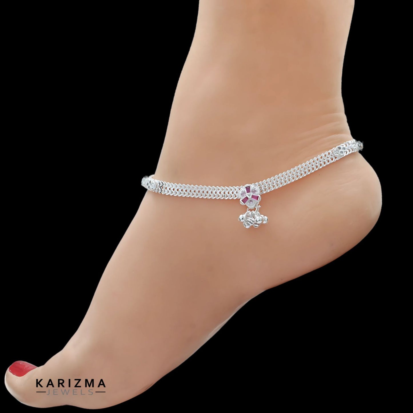 Real Sterling Silver women Pink White CZ cultural design Anklet Ankle Bracelet 10.2"