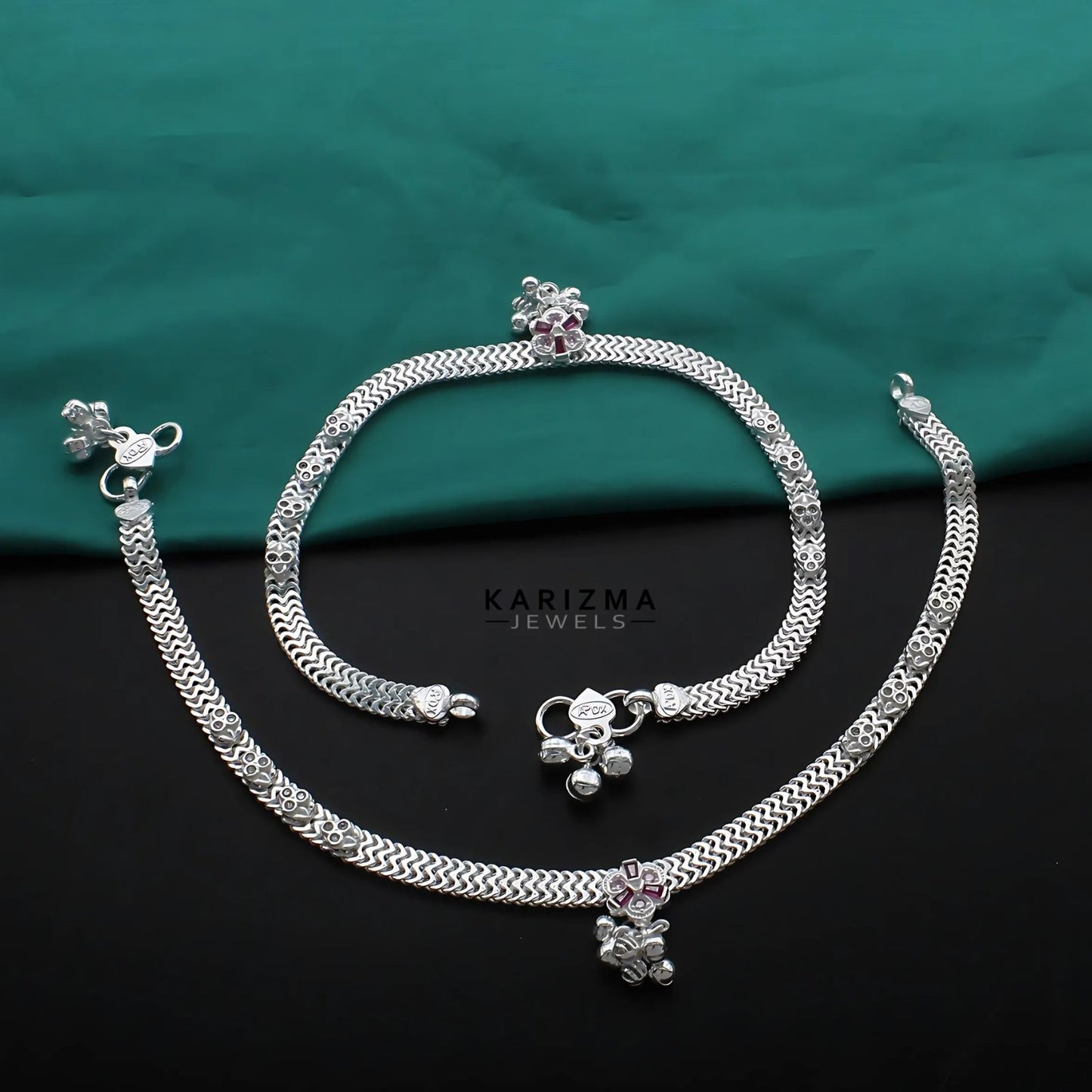 Real Sterling Silver women Pink White CZ cultural design Anklet Ankle Bracelet 10.2"
