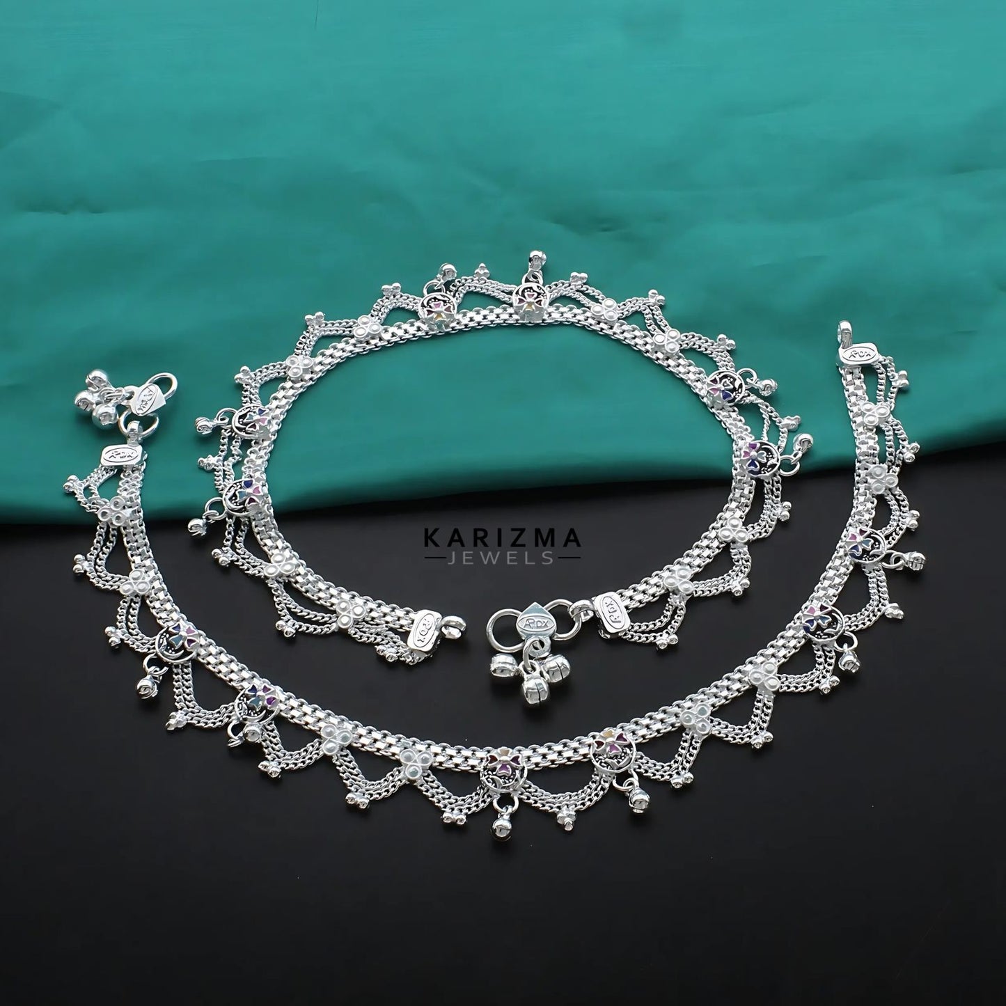 Real Sterling Silver women jhallar design Anklet Ankle Bracelet 10.3"