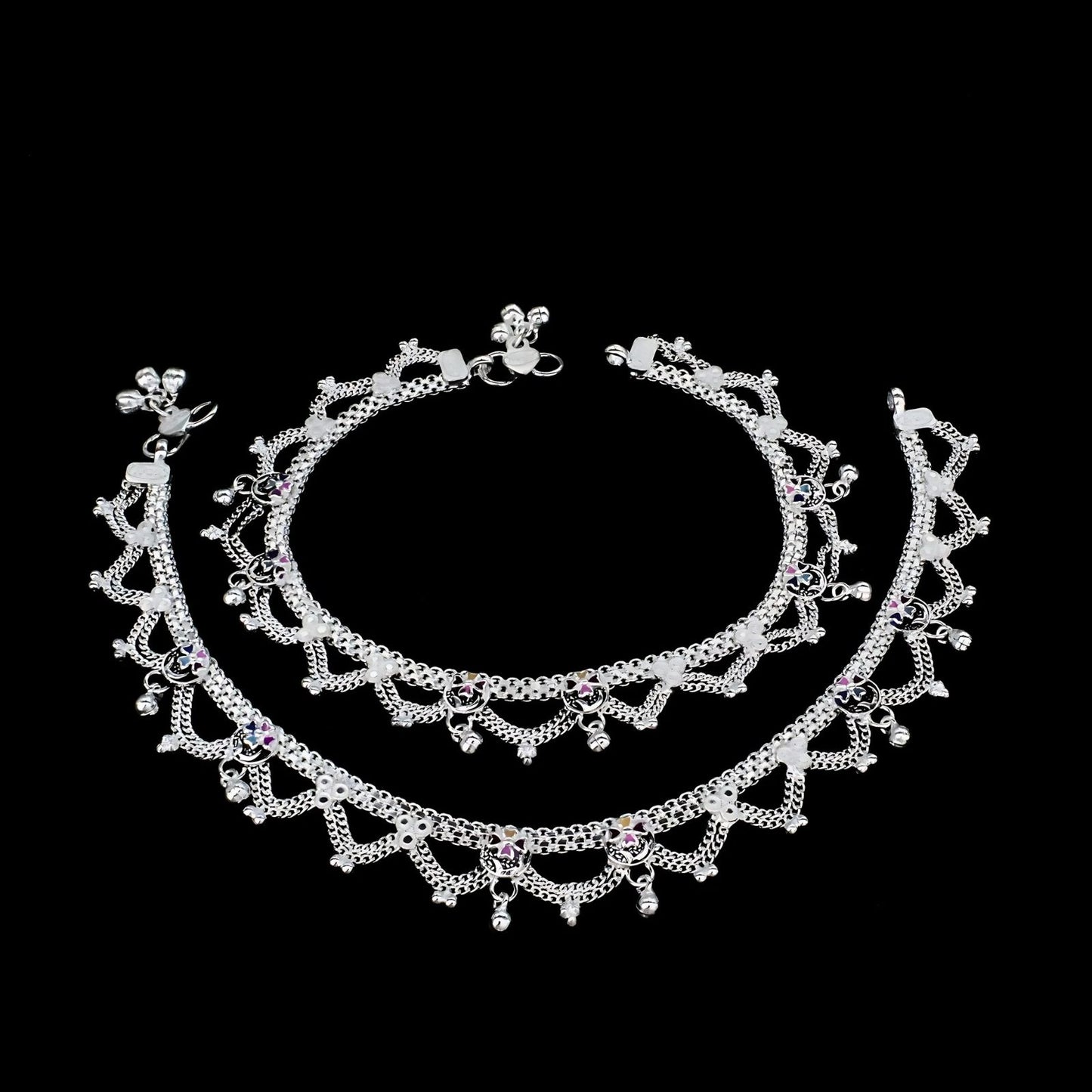 Real Sterling Silver women jhallar design Anklet Ankle Bracelet 10.3"