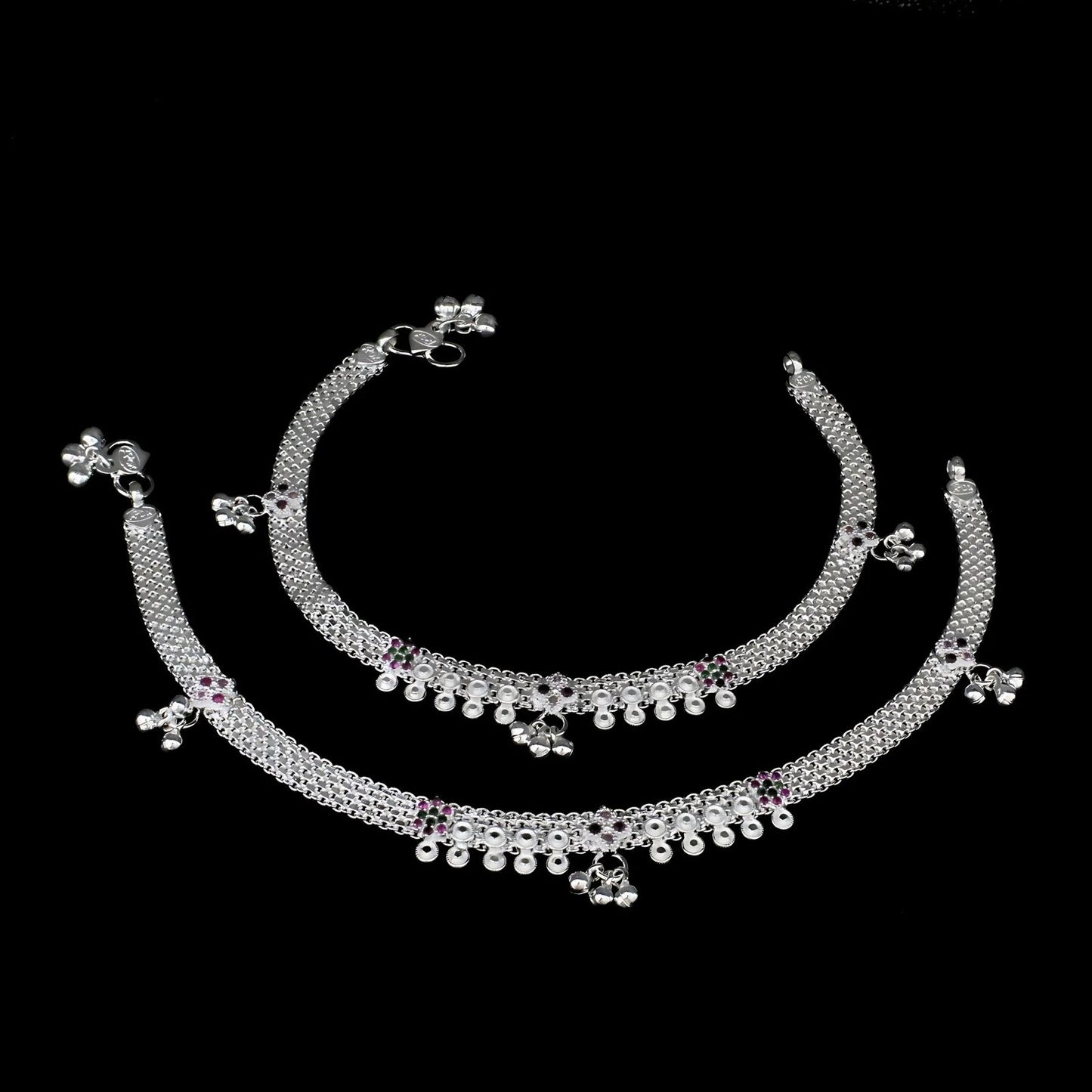 Real Sterling Silver women Multi CZ gifting Anklet Ankle Bracelet 10.3"