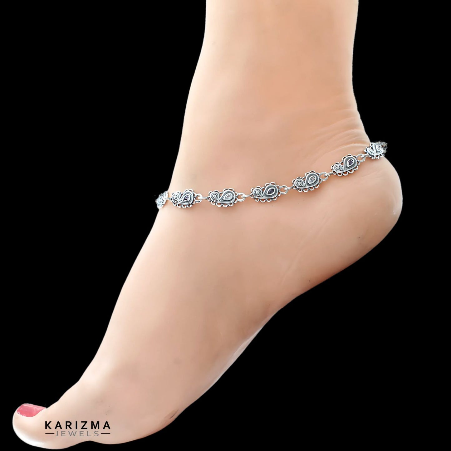 925 Sterling Silver Women Purple White CZ Oxidised Anklets Pair 10.8"