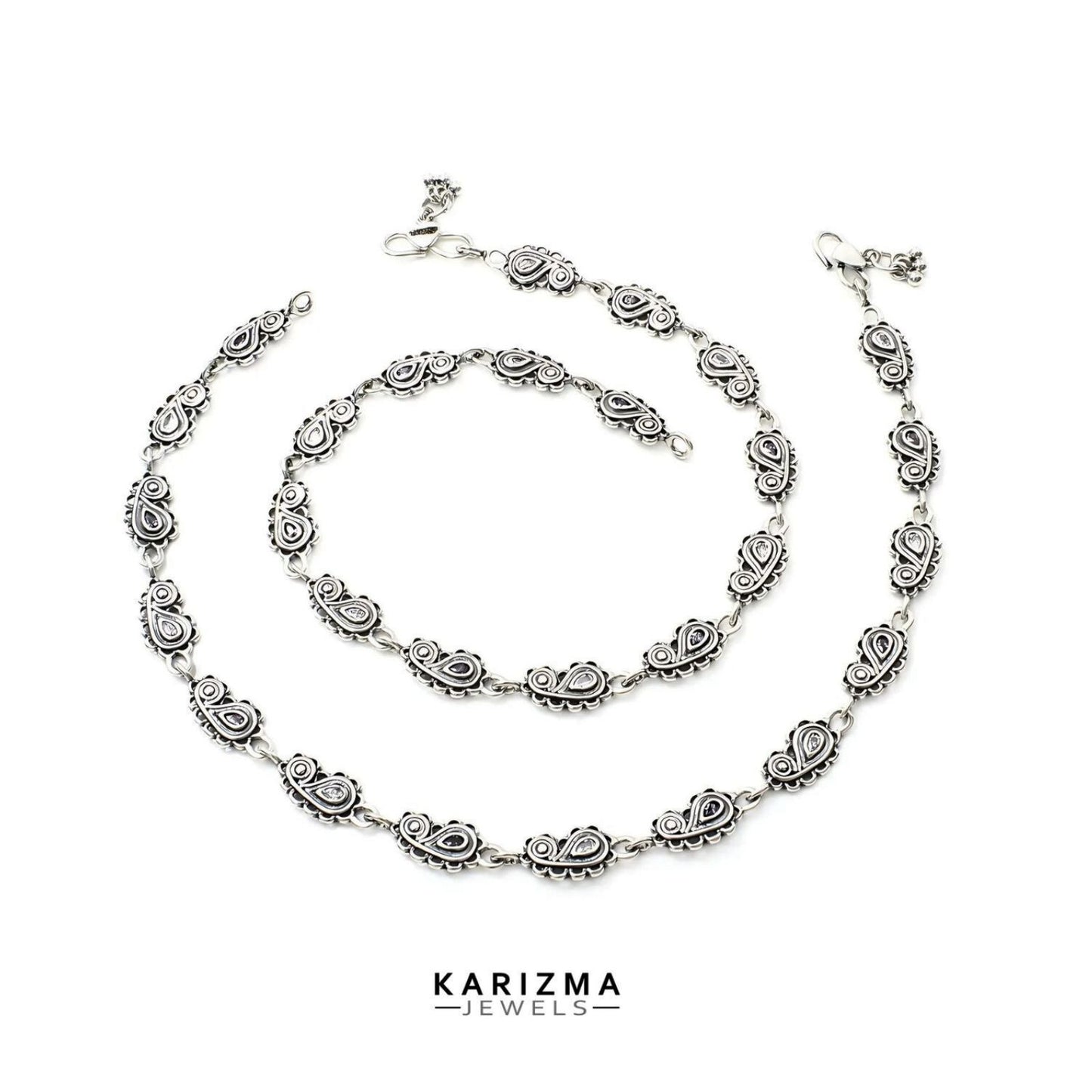 925 Sterling Silver Women Purple White CZ Oxidised Anklets Pair 10.8"