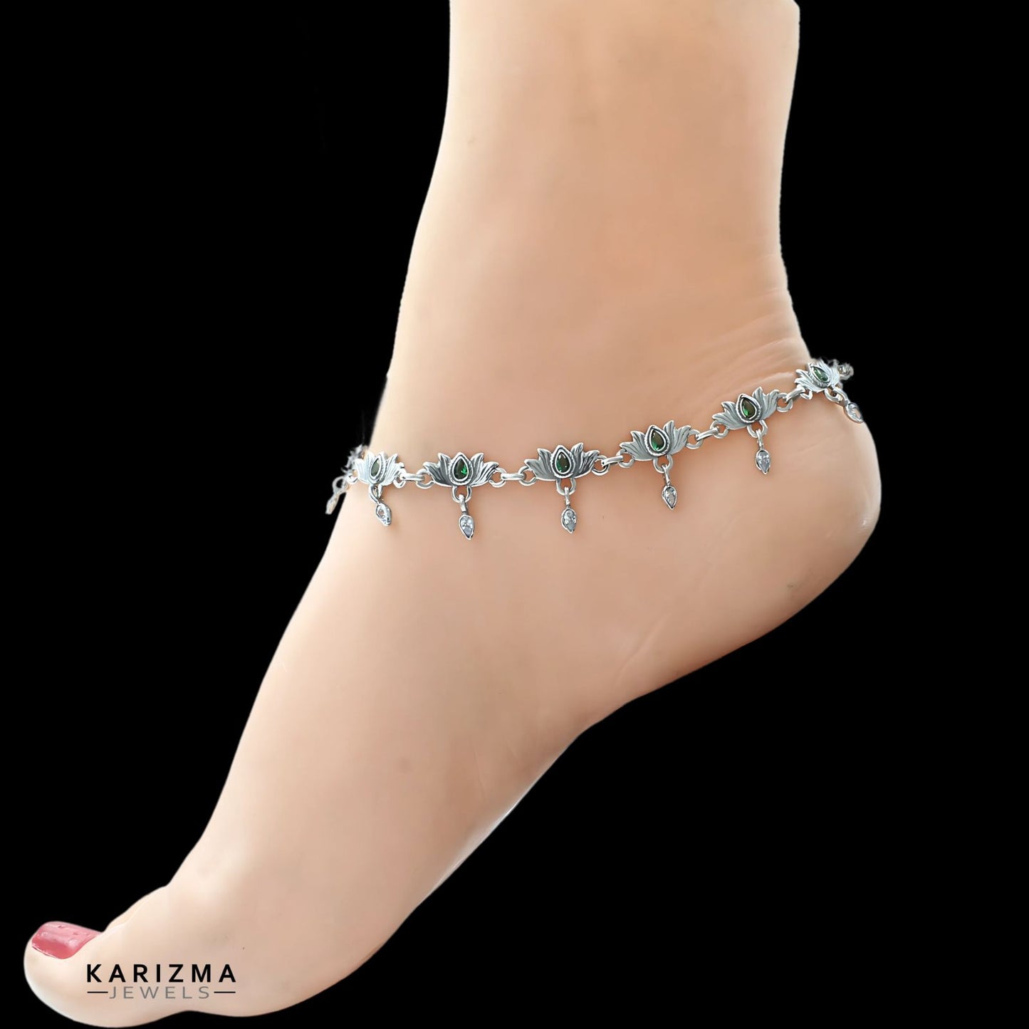 925 Sterling Silver Women Green White CZ Oxidised Lotus Anklets Pair 10"