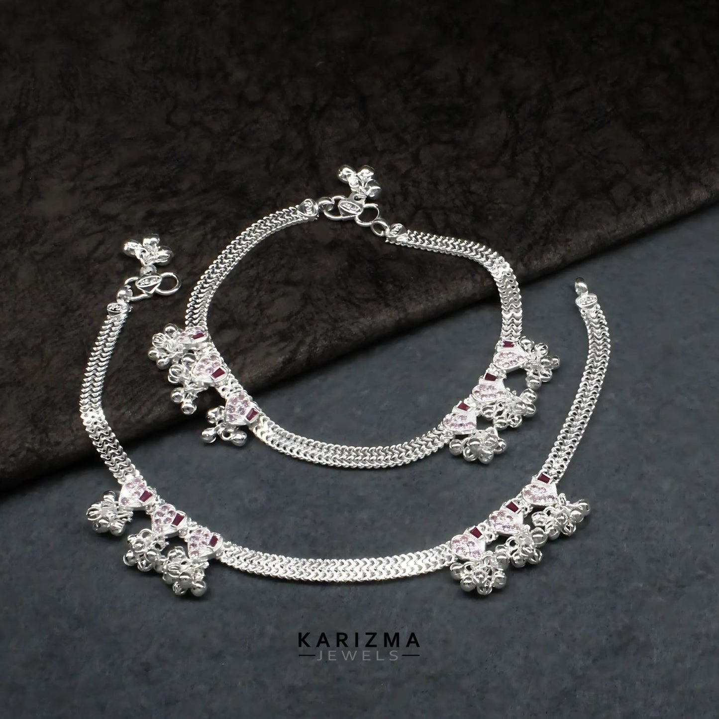 Real Sterling Silver women Pink CZ Bridal Anklet Ankle Bracelet 10.3"