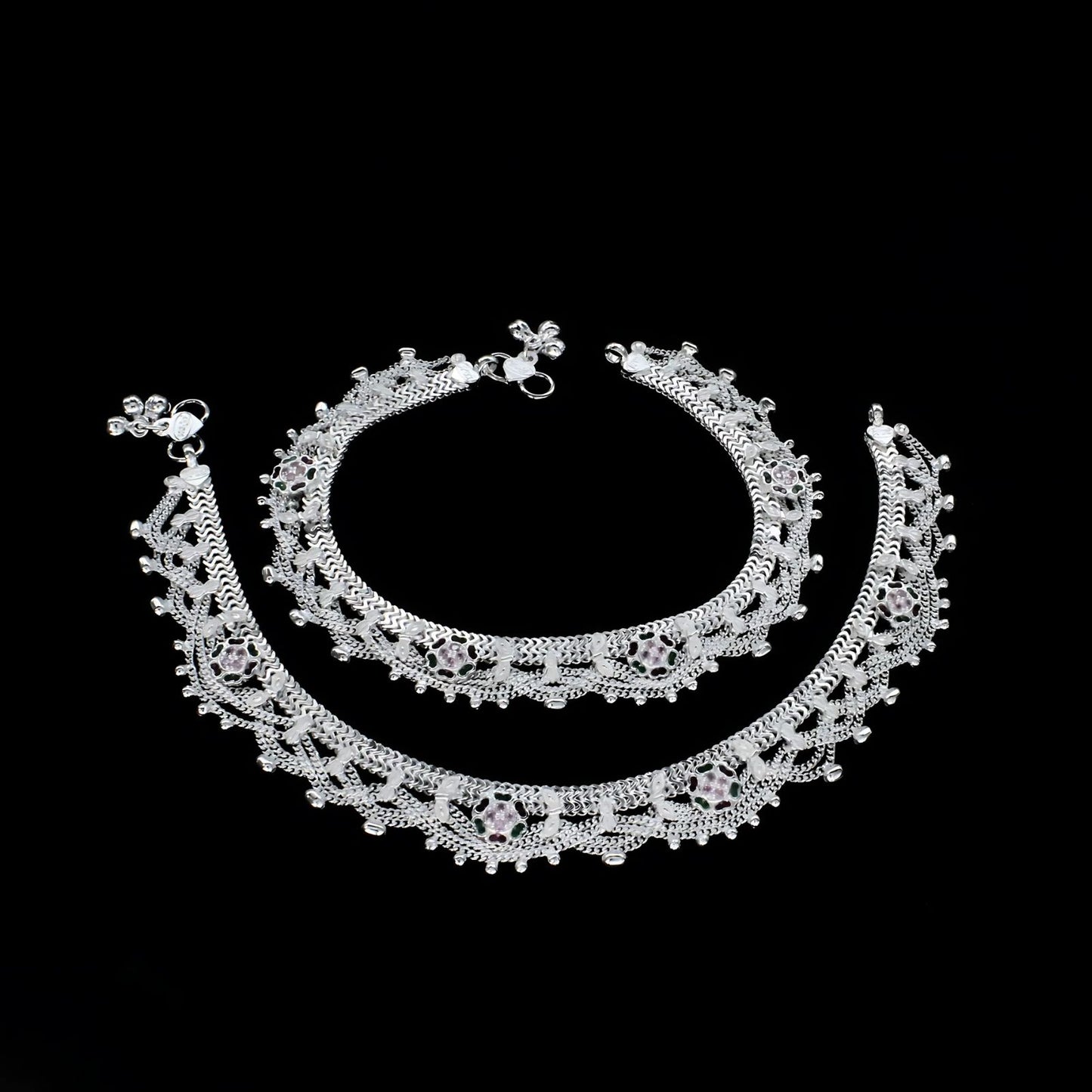 Real Sterling Silver women cultural design Multi CZ Anklet Ankle Bracelet 10.3"