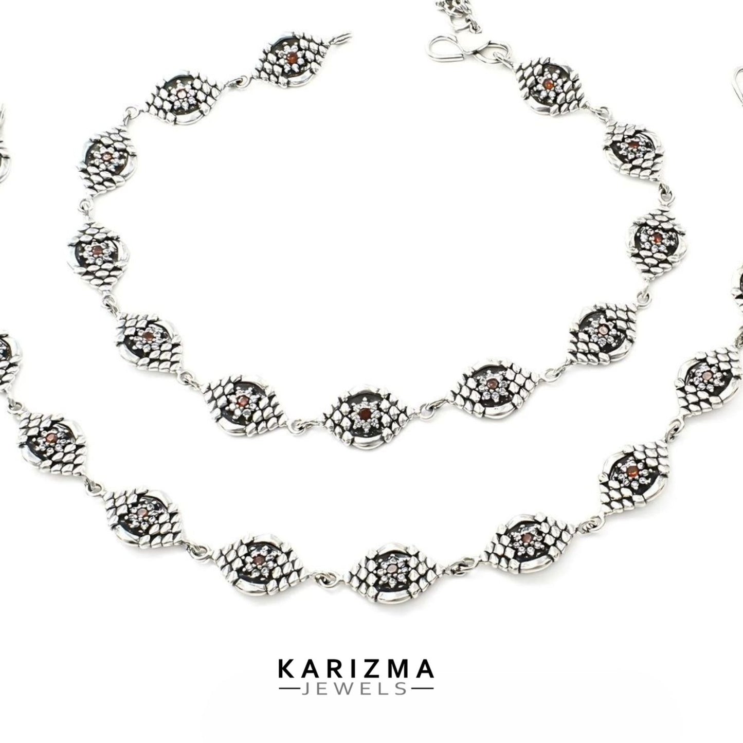 925 Sterling Silver Women Orange White CZ Oxidised beach wear Anklets Pair 10.2"