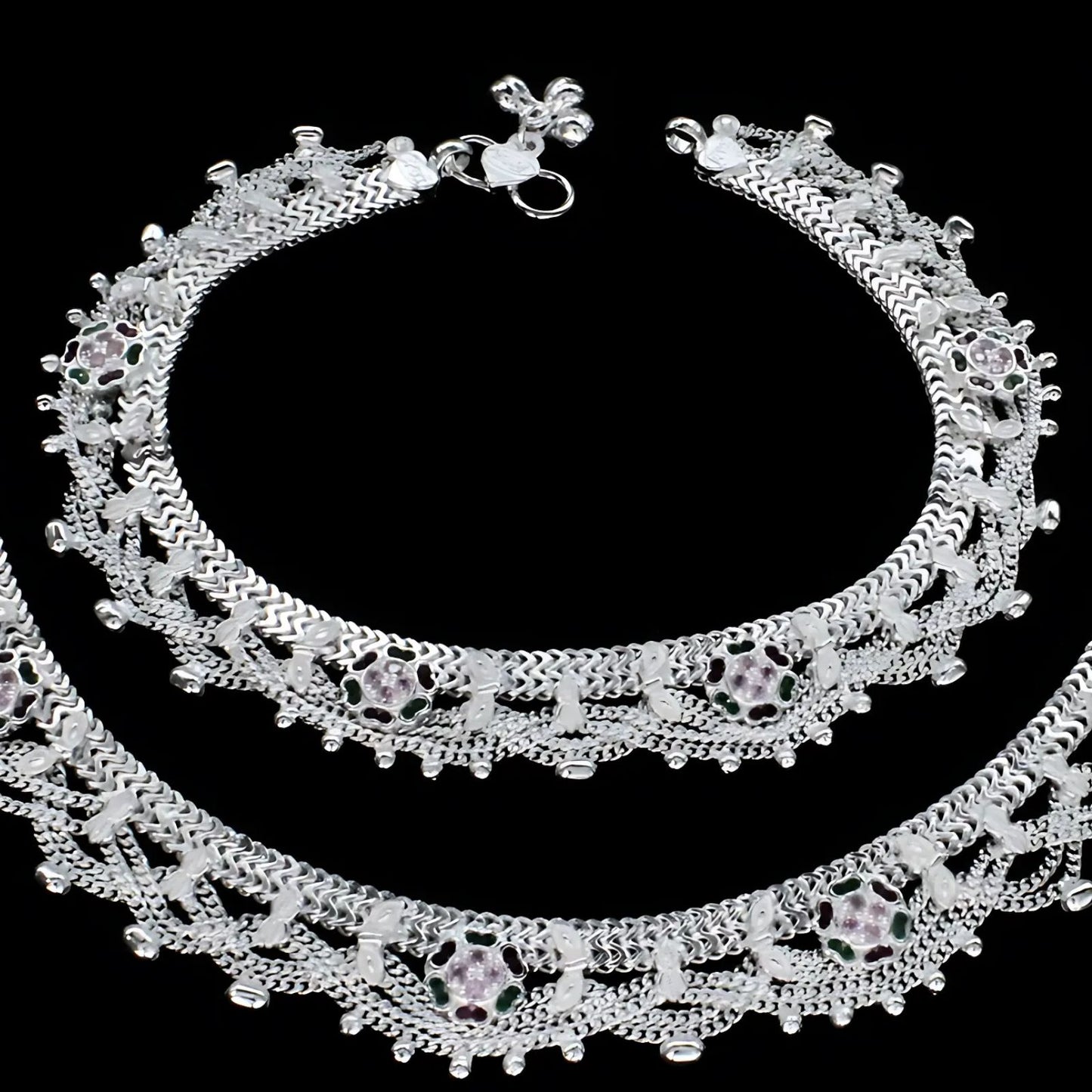 Real Sterling Silver women cultural design Multi CZ Anklet Ankle Bracelet 10.3"