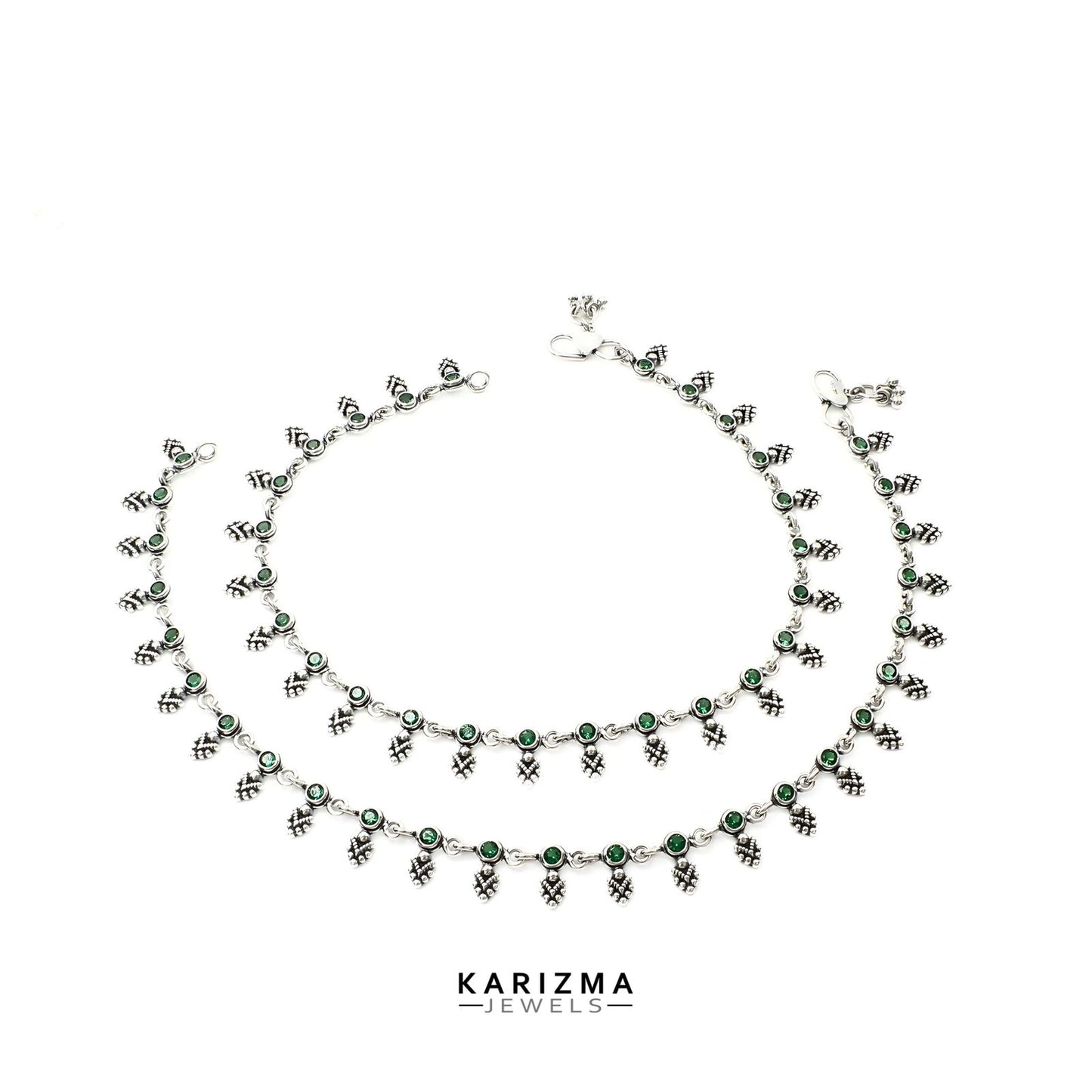 925 Sterling Silver Women Green CZ Oxidised boho style Anklets Pair 10.5"