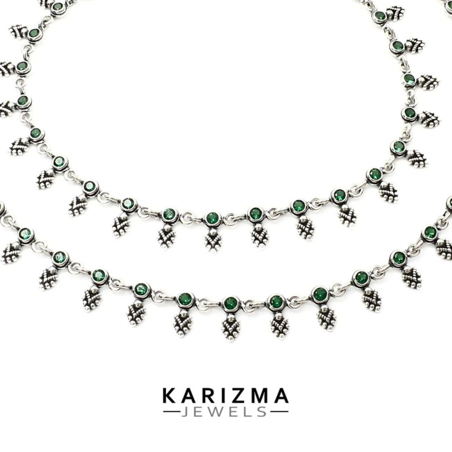 925 Sterling Silver Women Green CZ Oxidised boho style Anklets Pair 10.5"