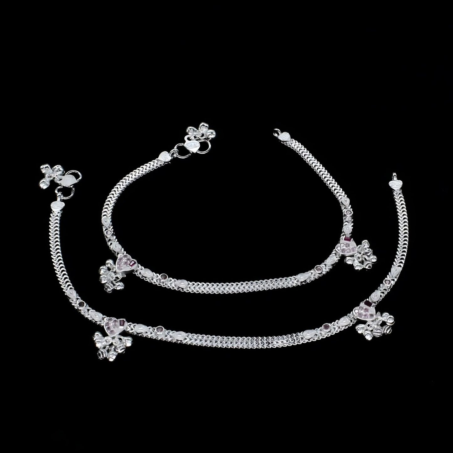 Real Sterling Silver Pink CZ women designer Anklet Ankle Bracelet 10.3"