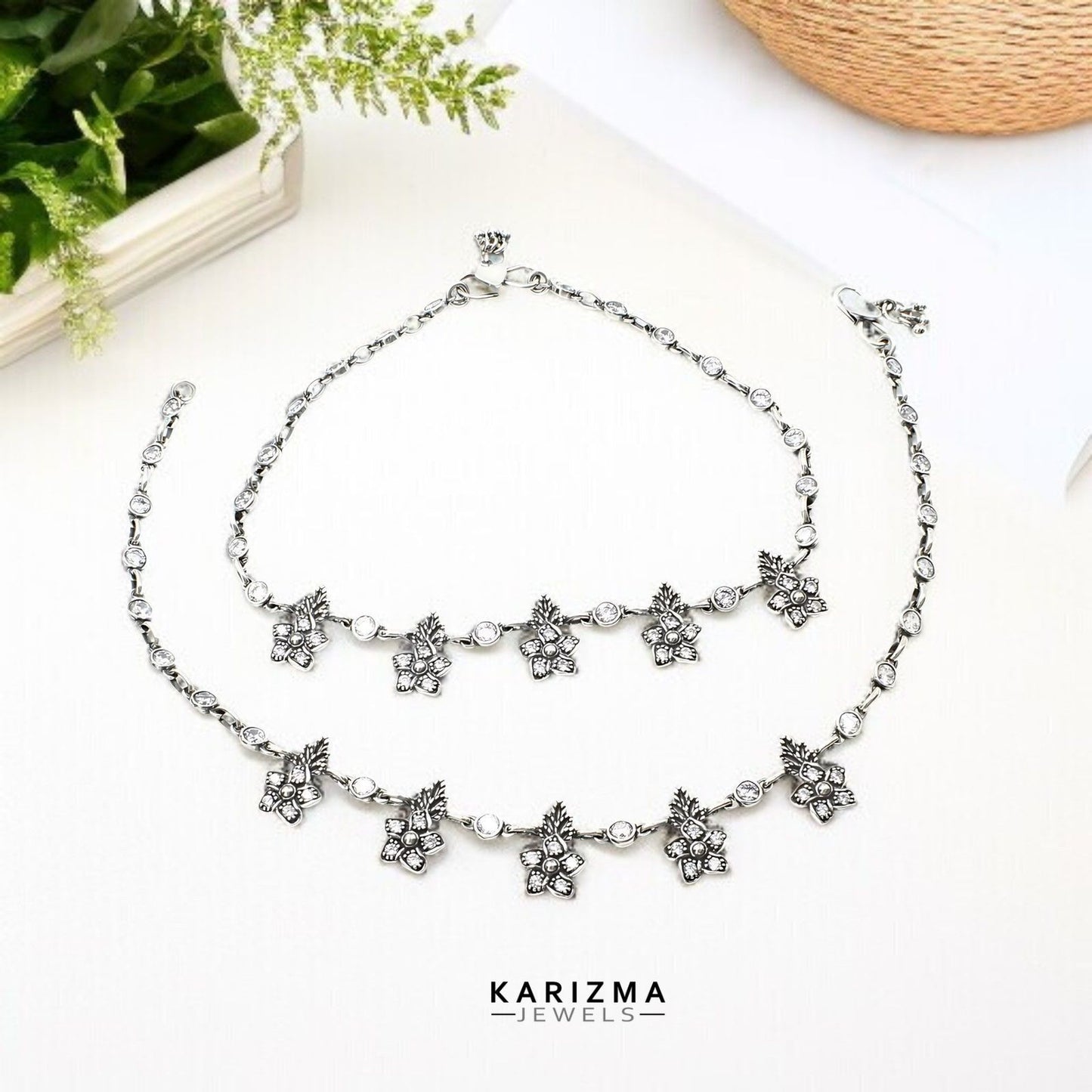 925 Sterling Silver Women White CZ Oxidised Excellent gifting Anklets Pair 10.7"