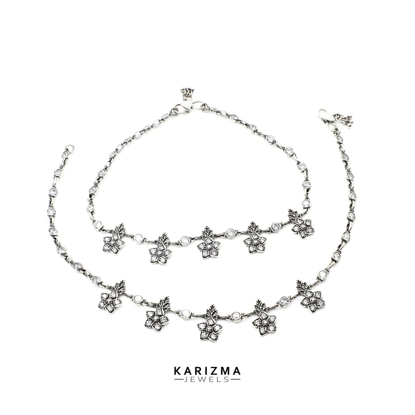 925 Sterling Silver Women White CZ Oxidised Excellent gifting Anklets Pair 10.7"