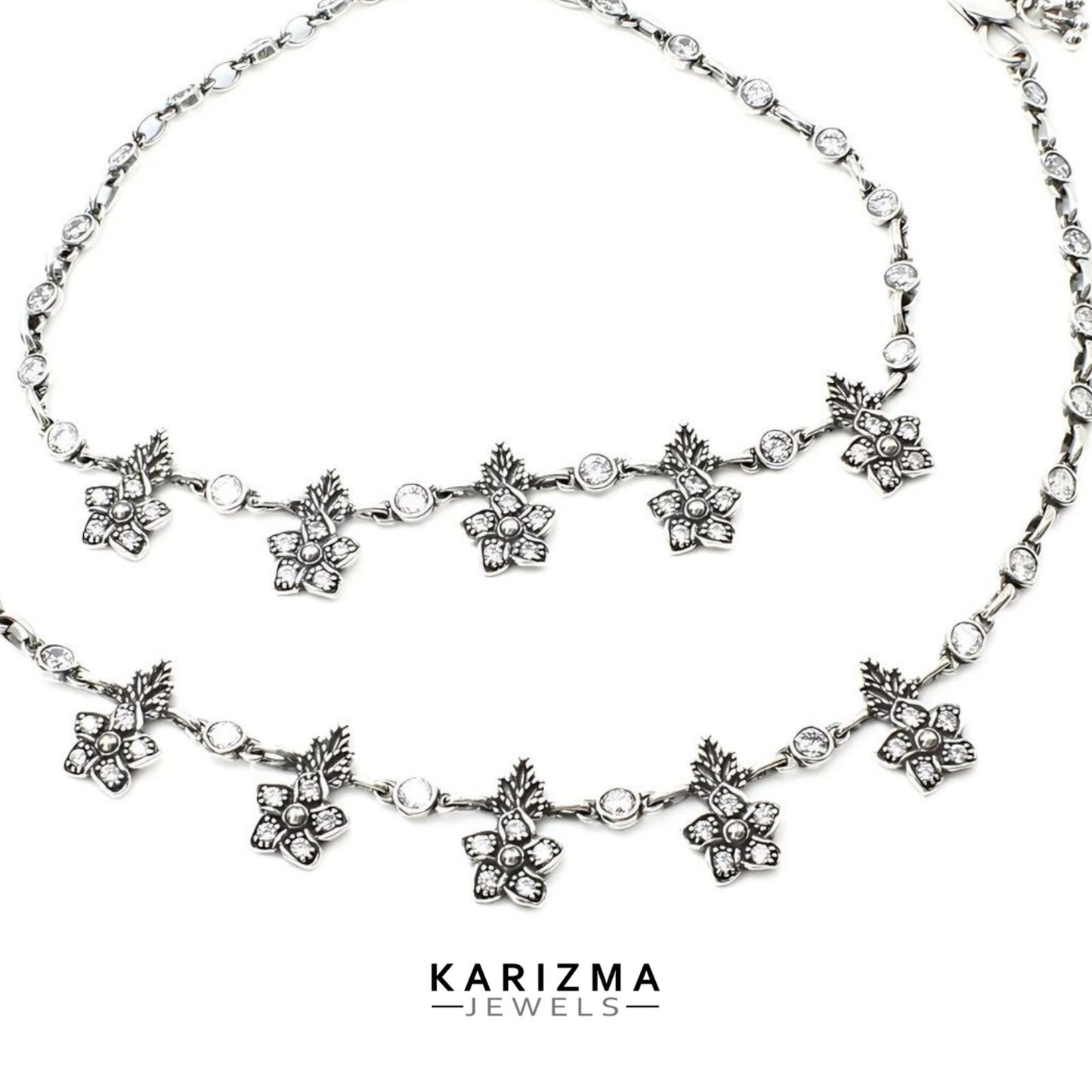 925 Sterling Silver Women White CZ Oxidised Excellent gifting Anklets Pair 10.7"