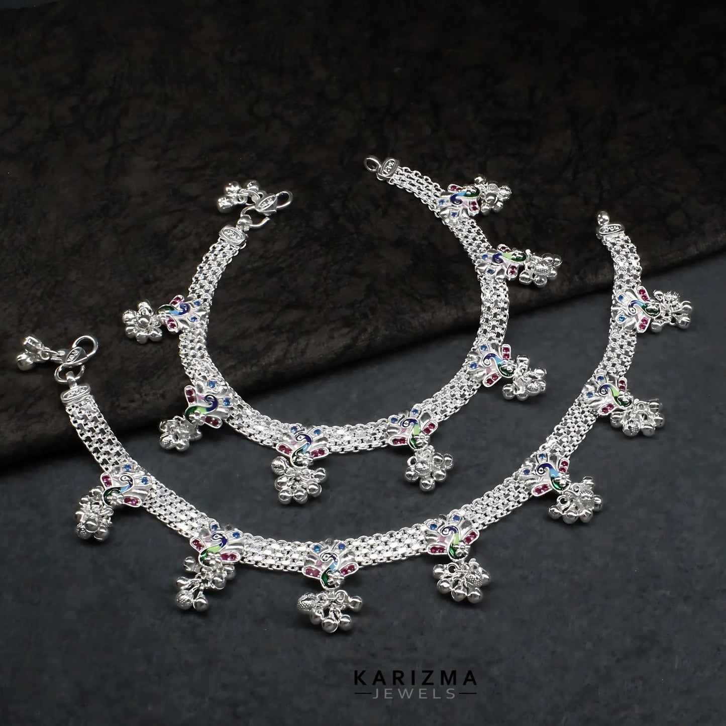 Real Sterling Silver Pink CZ Bridal women Peacock design Anklet Ankle Bracelet 10.2"