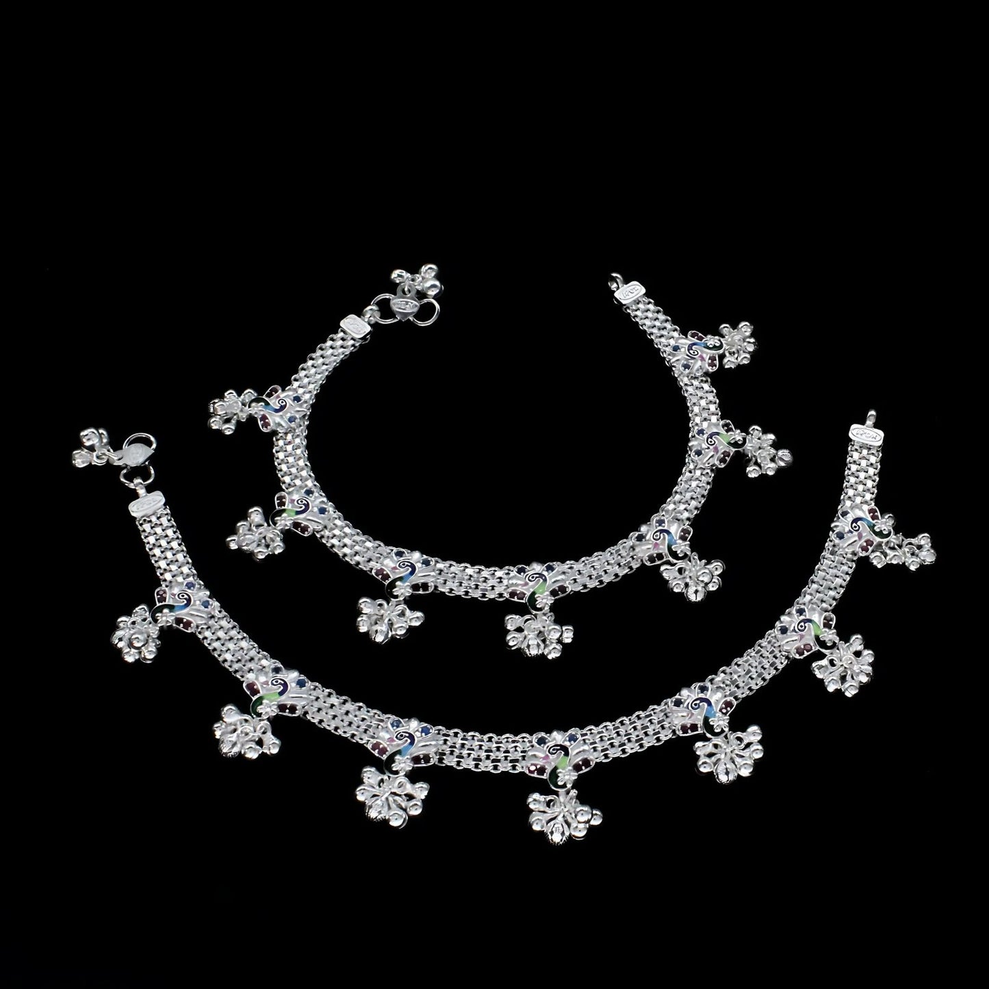 Real Sterling Silver Pink CZ Bridal women Peacock design Anklet Ankle Bracelet 10.2"