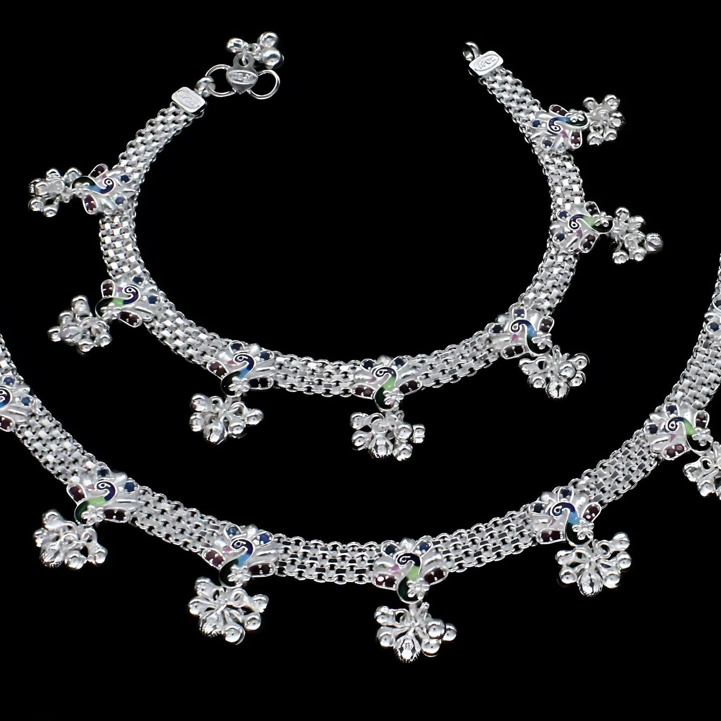 Real Sterling Silver Pink CZ Bridal women Peacock design Anklet Ankle Bracelet 10.2"