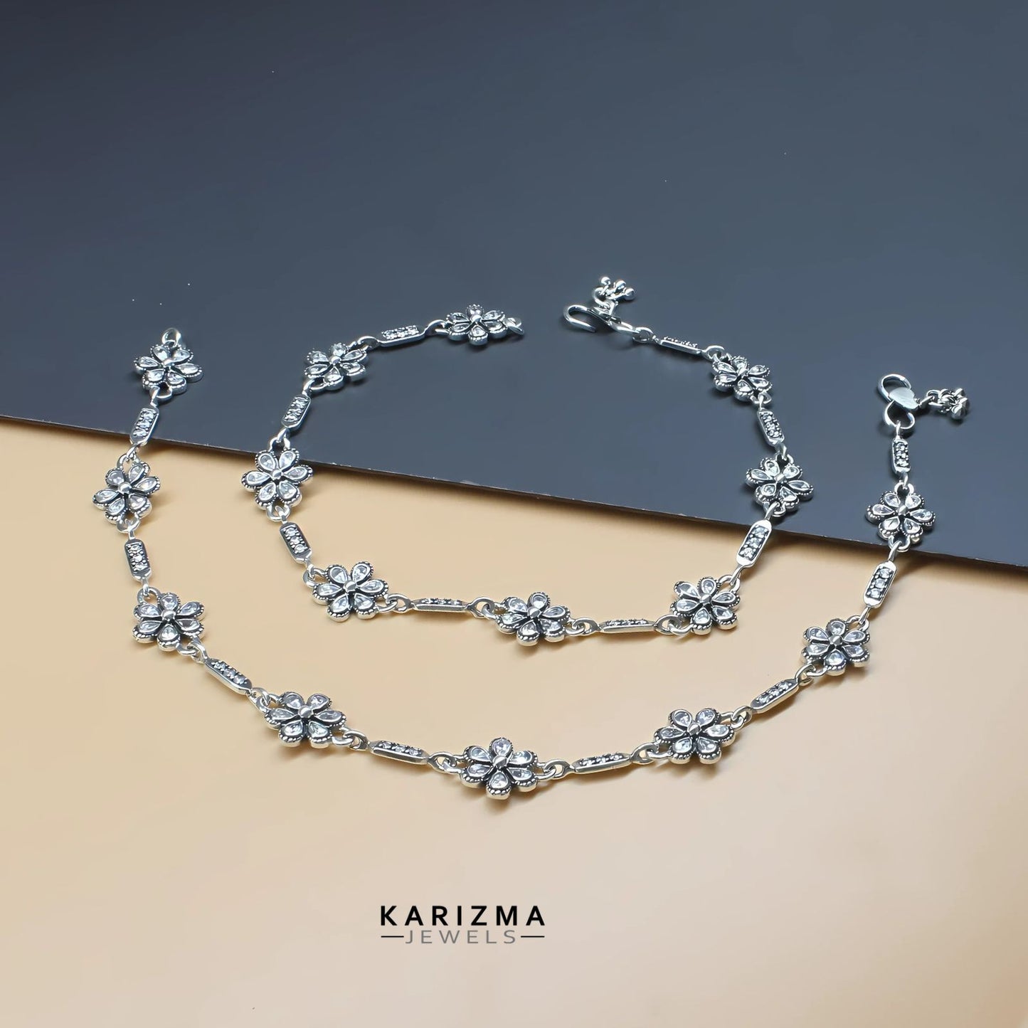 Unique trendy 925 Sterling Silver women White CZ Oxidised Anklets Pair 10.2"