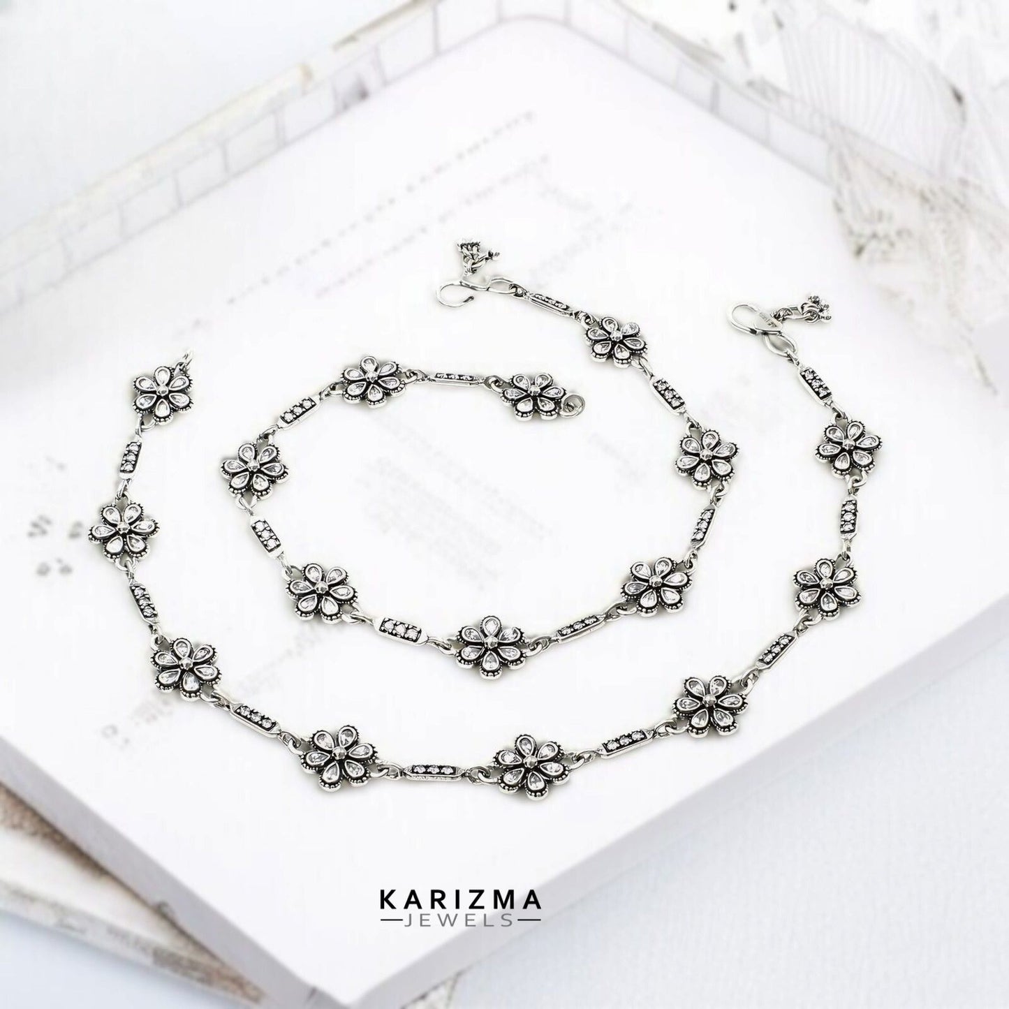 Unique trendy 925 Sterling Silver women White CZ Oxidised Anklets Pair 10.2"